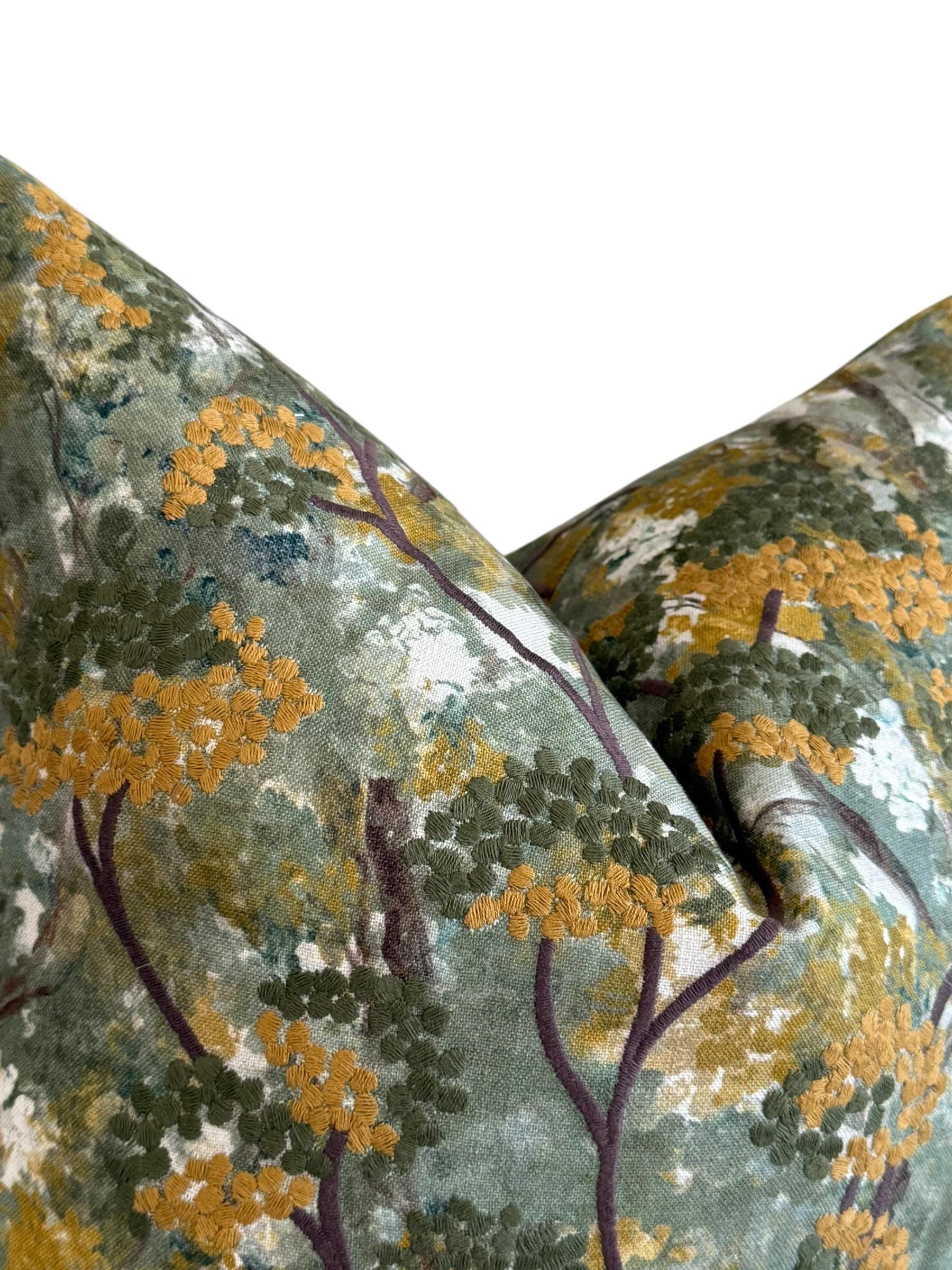 Embroidered Botanical Pillow Cover, Olive Mustard Floral Cushion, Handmade USA