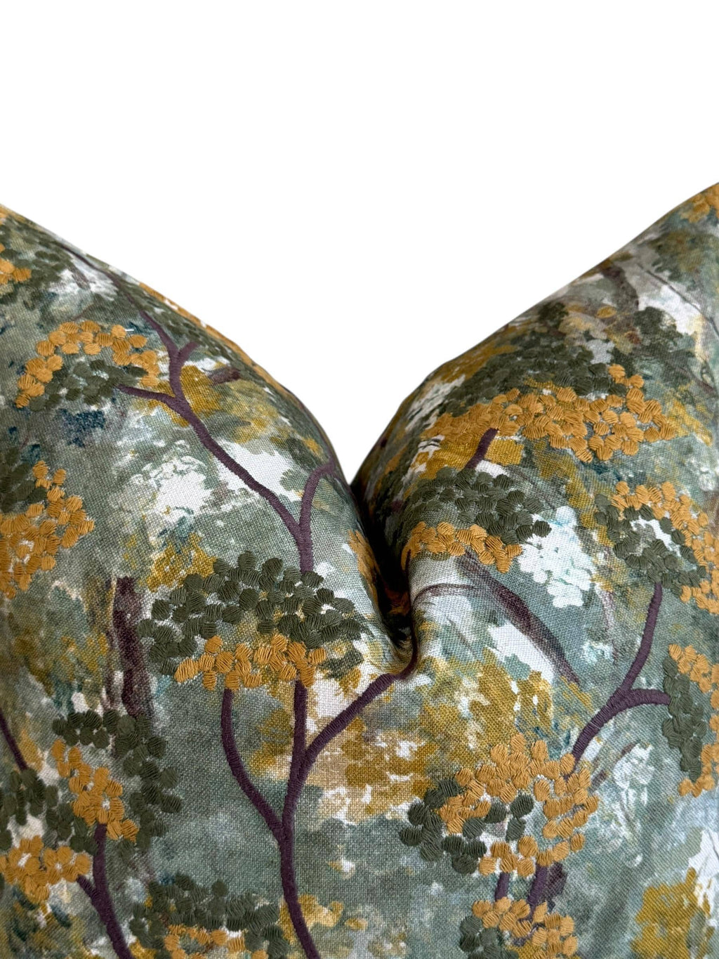 Embroidered Botanical Pillow Cover, Olive Mustard Floral Cushion, Handmade USA