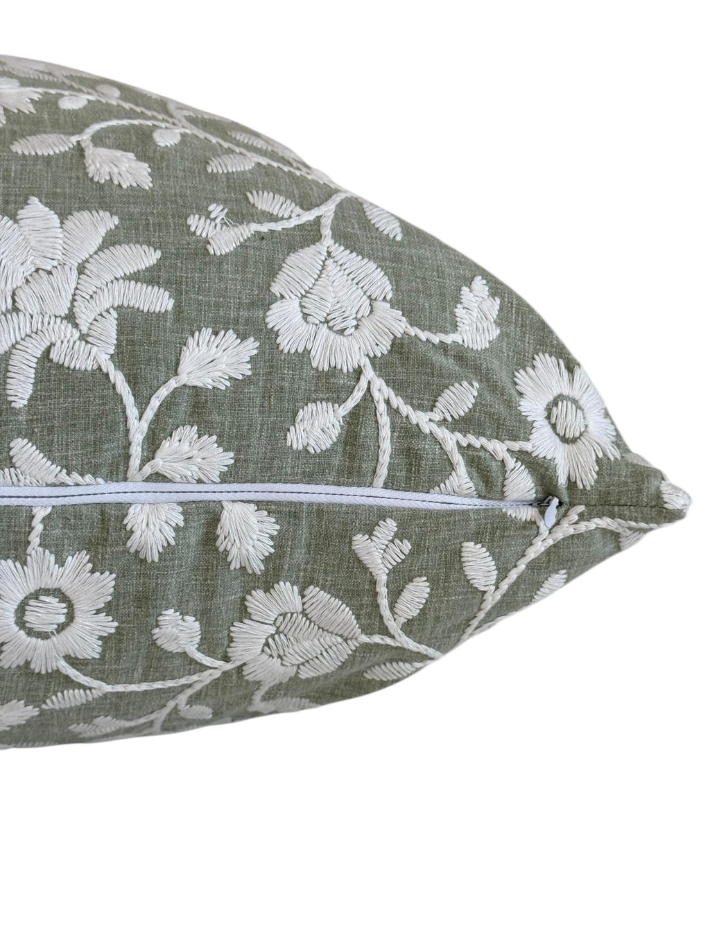 Sage Green Embroidered Floral Pillow Cover, Botanical Farmhouse Cushion