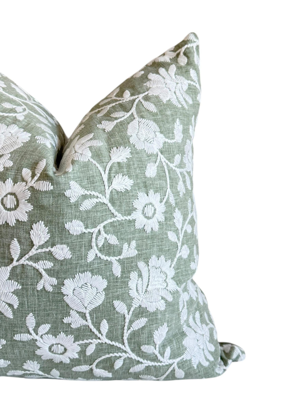 Sage Green Embroidered Floral Pillow Cover, Botanical Farmhouse Cushion