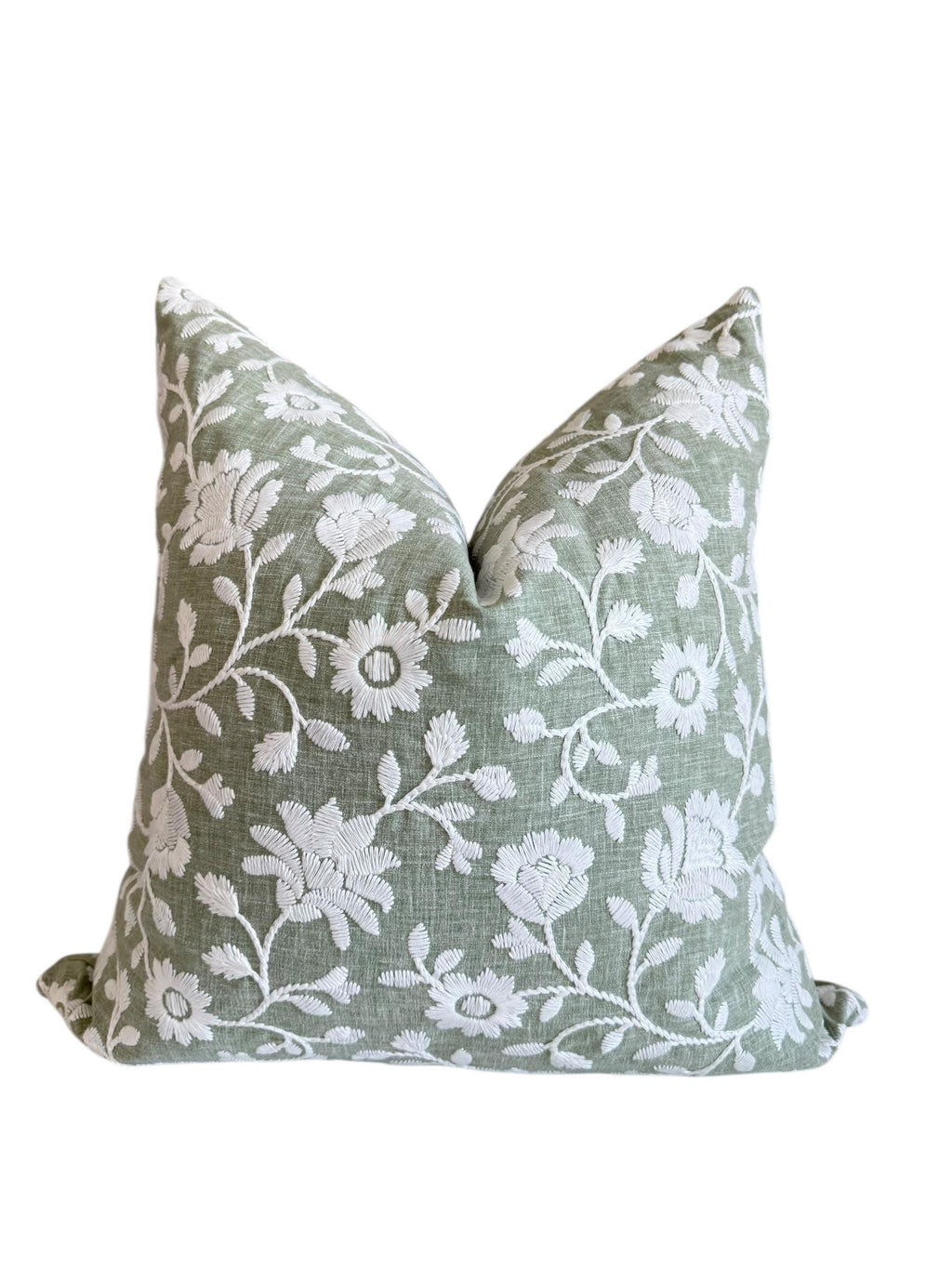 Sage Green Embroidered Floral Pillow Cover, Botanical Farmhouse Cushion