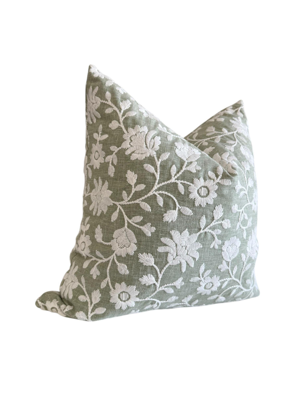 Sage Green Embroidered Floral Pillow Cover, Botanical Farmhouse Cushion