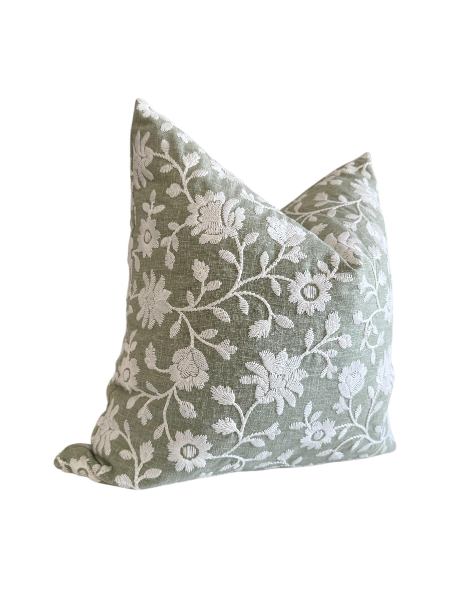 Sage Green Embroidered Floral Pillow Cover, Botanical Farmhouse Cushion