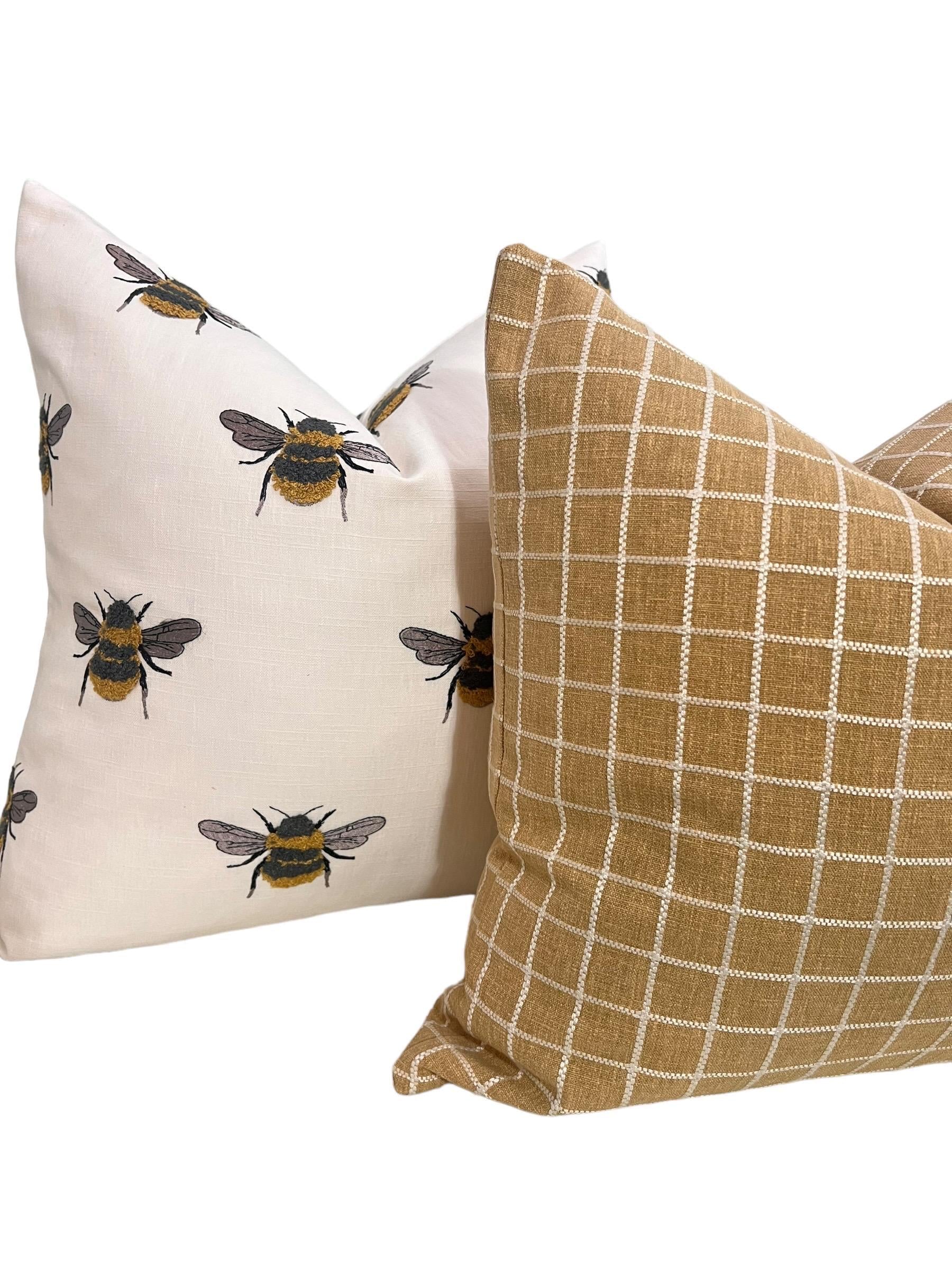 Bee Print and Mustard Plaid Pillow Set, Farmhouse Throw Pillows