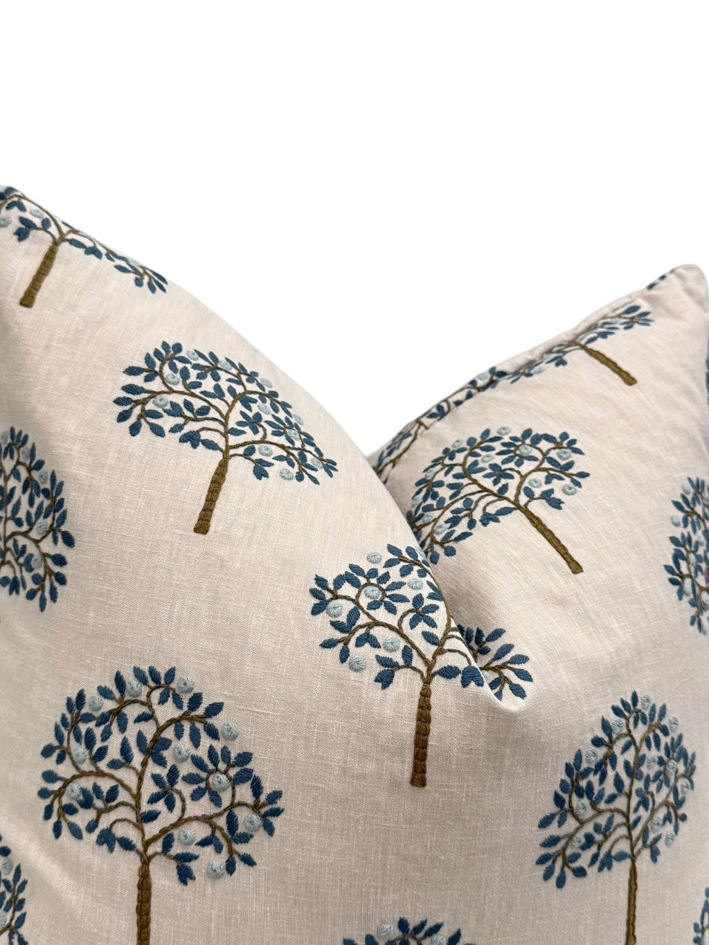 Embroidered Tree Pillow Cover, Blue and Brown Nature Cushion, Handmade USA