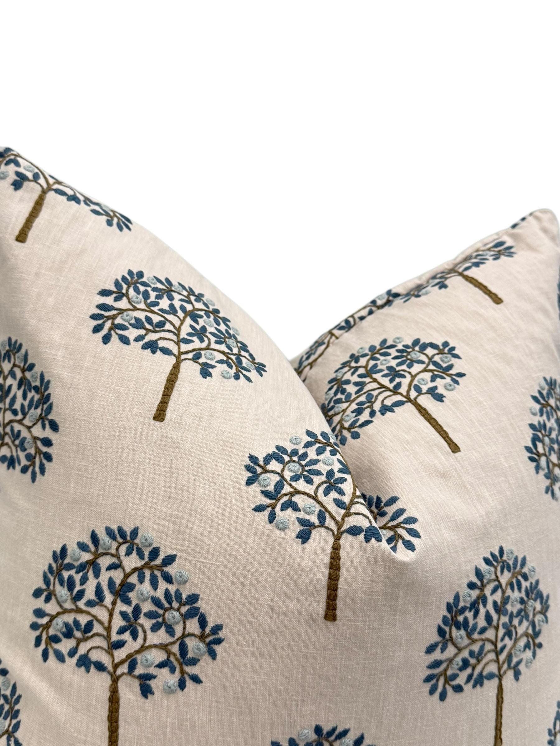 Embroidered Tree Pillow Cover, Blue and Brown Nature Cushion, Handmade USA