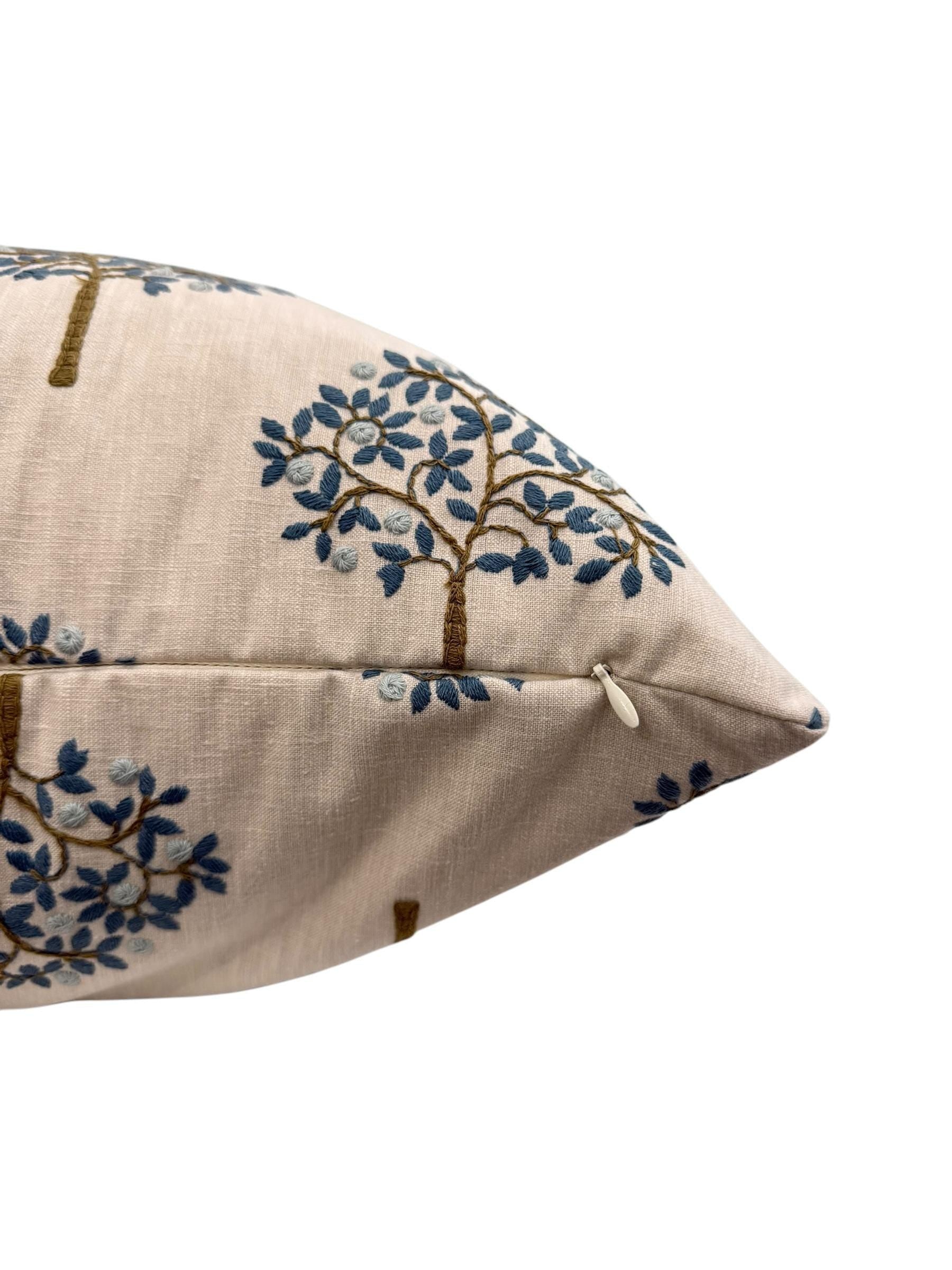 Embroidered Tree Pillow Cover, Blue and Brown Nature Cushion, Handmade USA