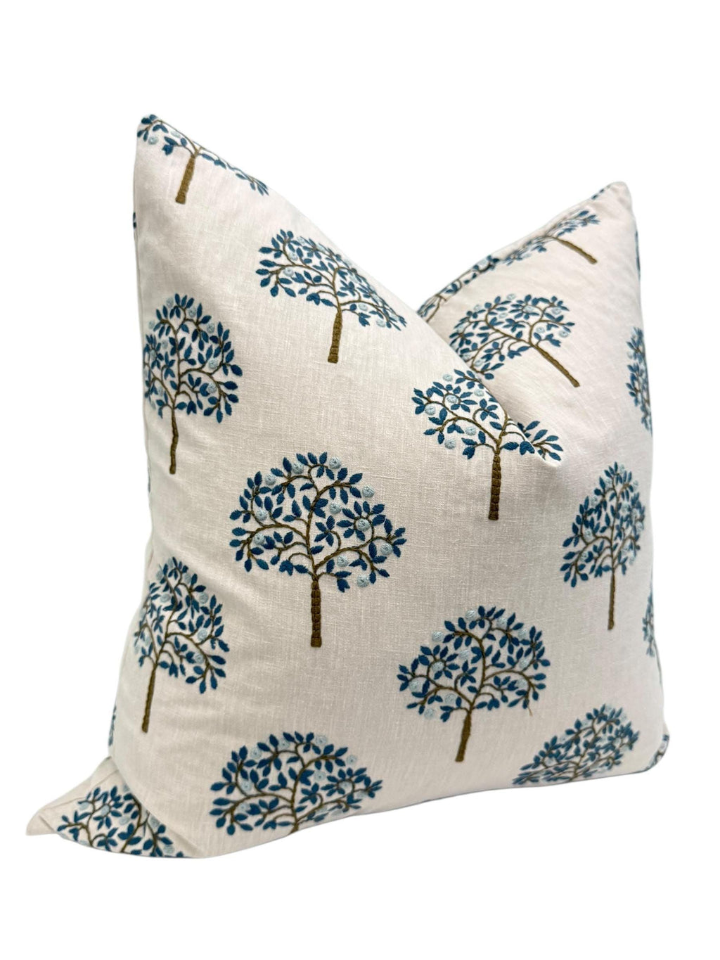 Embroidered Tree Pillow Cover, Blue and Brown Nature Cushion, Handmade USA