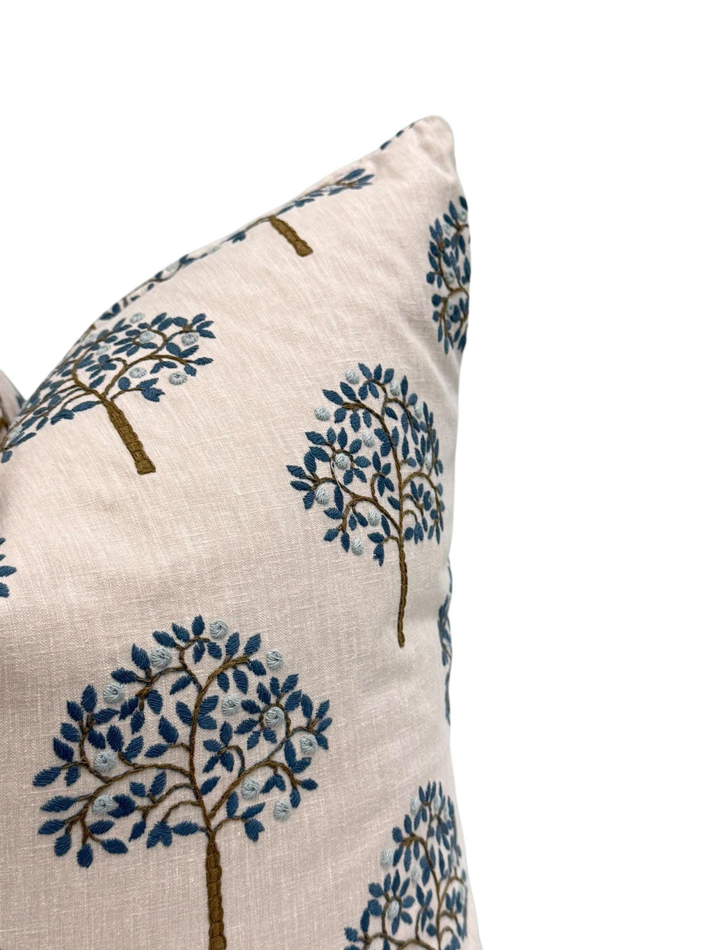 Embroidered Tree Pillow Cover, Blue and Brown Nature Cushion, Handmade USA