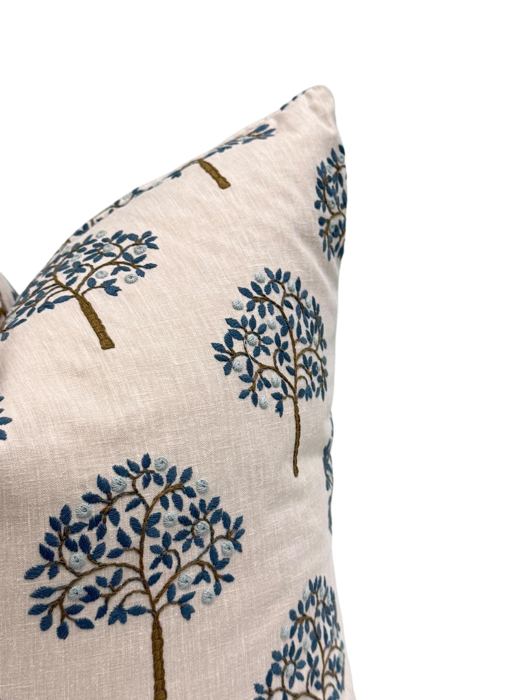 Embroidered Tree Pillow Cover, Blue and Brown Nature Cushion, Handmade USA