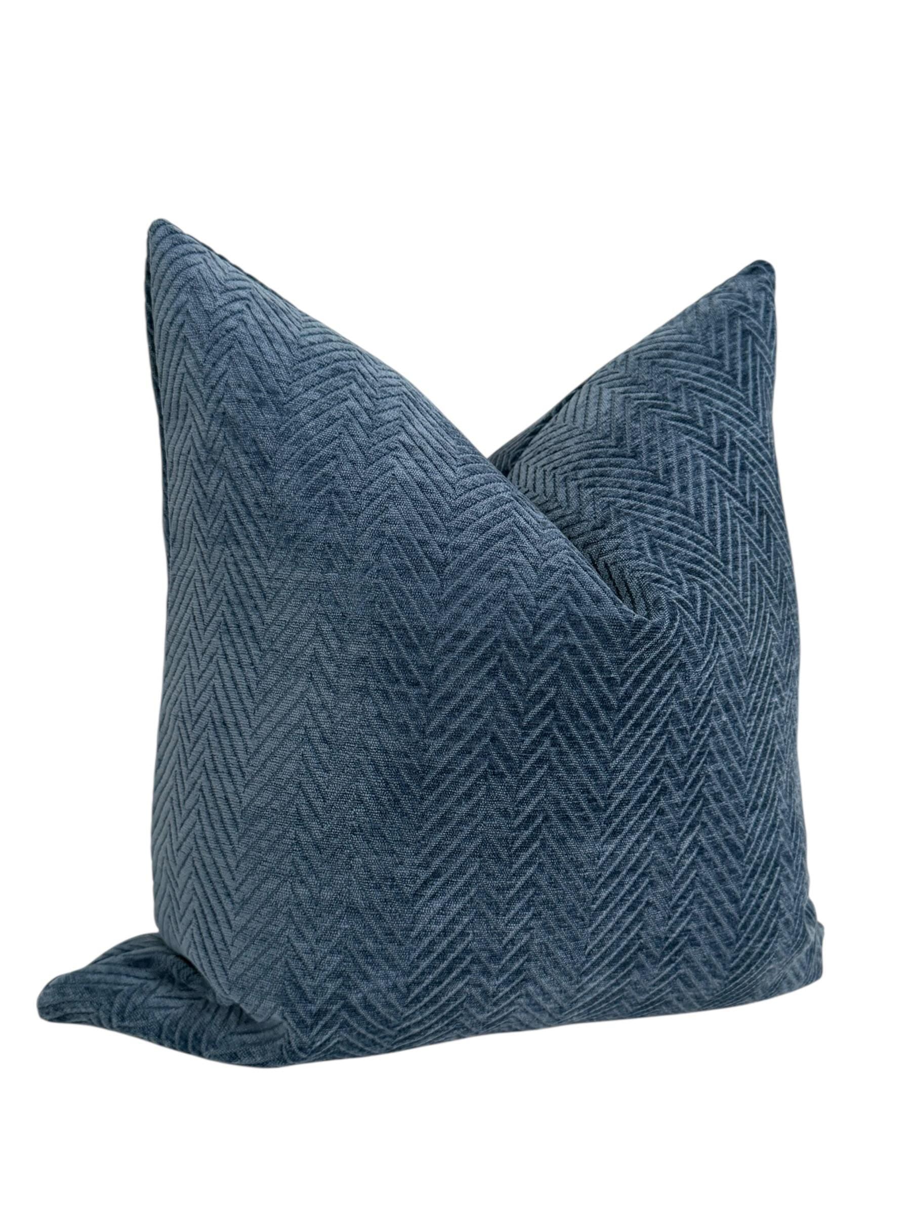 Slate Blue Herringbone Velvet Pillow Cover, Textured Modern Accent Cushion