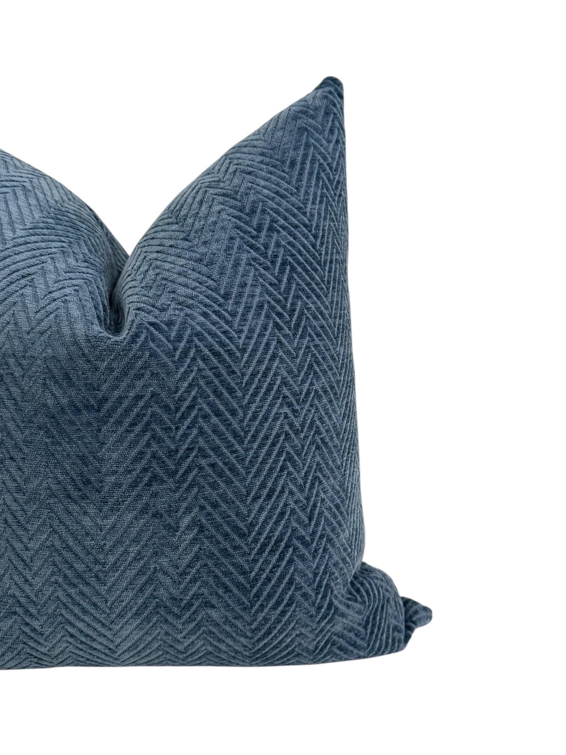 Slate Blue Herringbone Velvet Pillow Cover, Textured Modern Accent Cushion