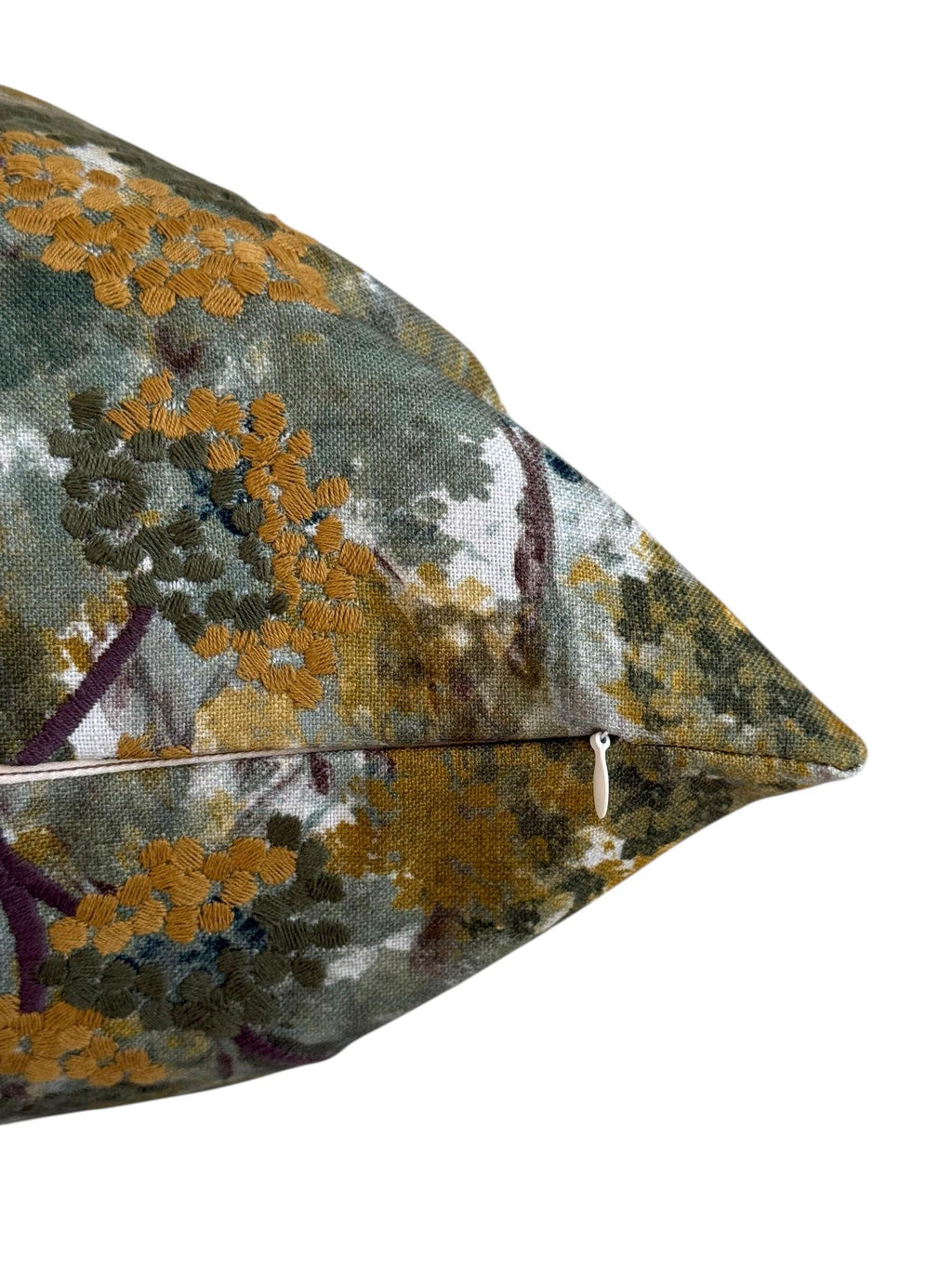 Embroidered Botanical Pillow Cover, Olive Mustard Floral Cushion, Handmade USA