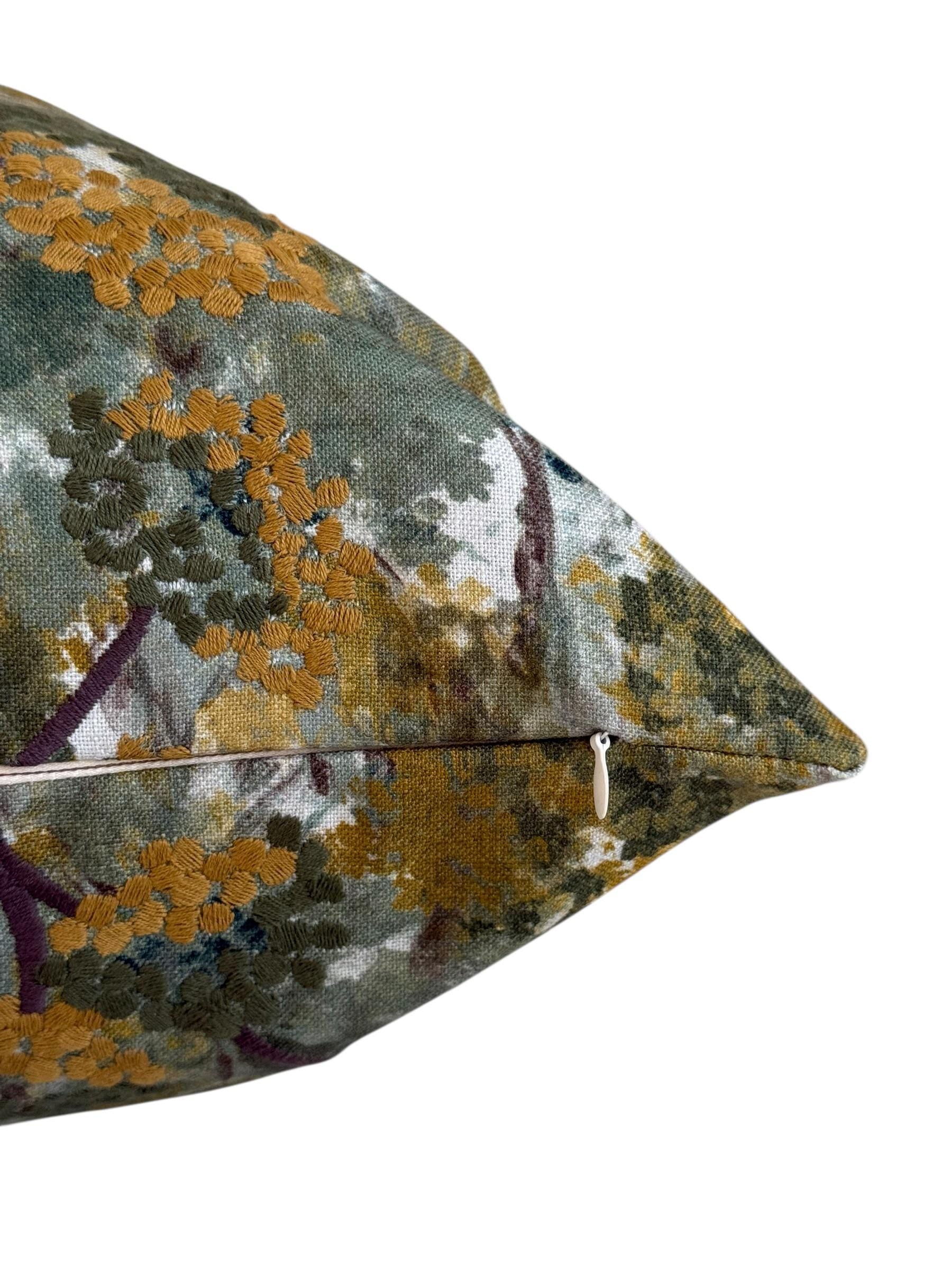 Embroidered Botanical Pillow Cover, Olive Mustard Floral Cushion, Handmade USA