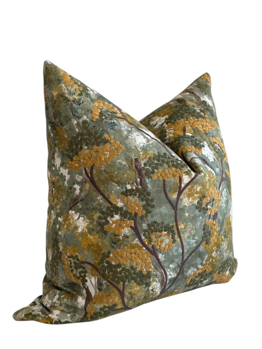 Embroidered Botanical Pillow Cover, Olive Mustard Floral Cushion, Handmade USA