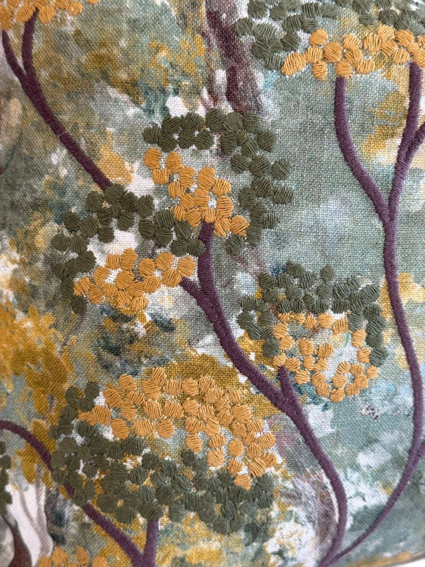 Embroidered Botanical Pillow Cover, Olive Mustard Floral Cushion, Handmade USA
