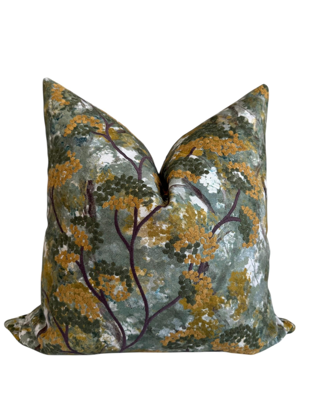 Embroidered Botanical Pillow Cover, Olive Mustard Floral Cushion, Handmade USA