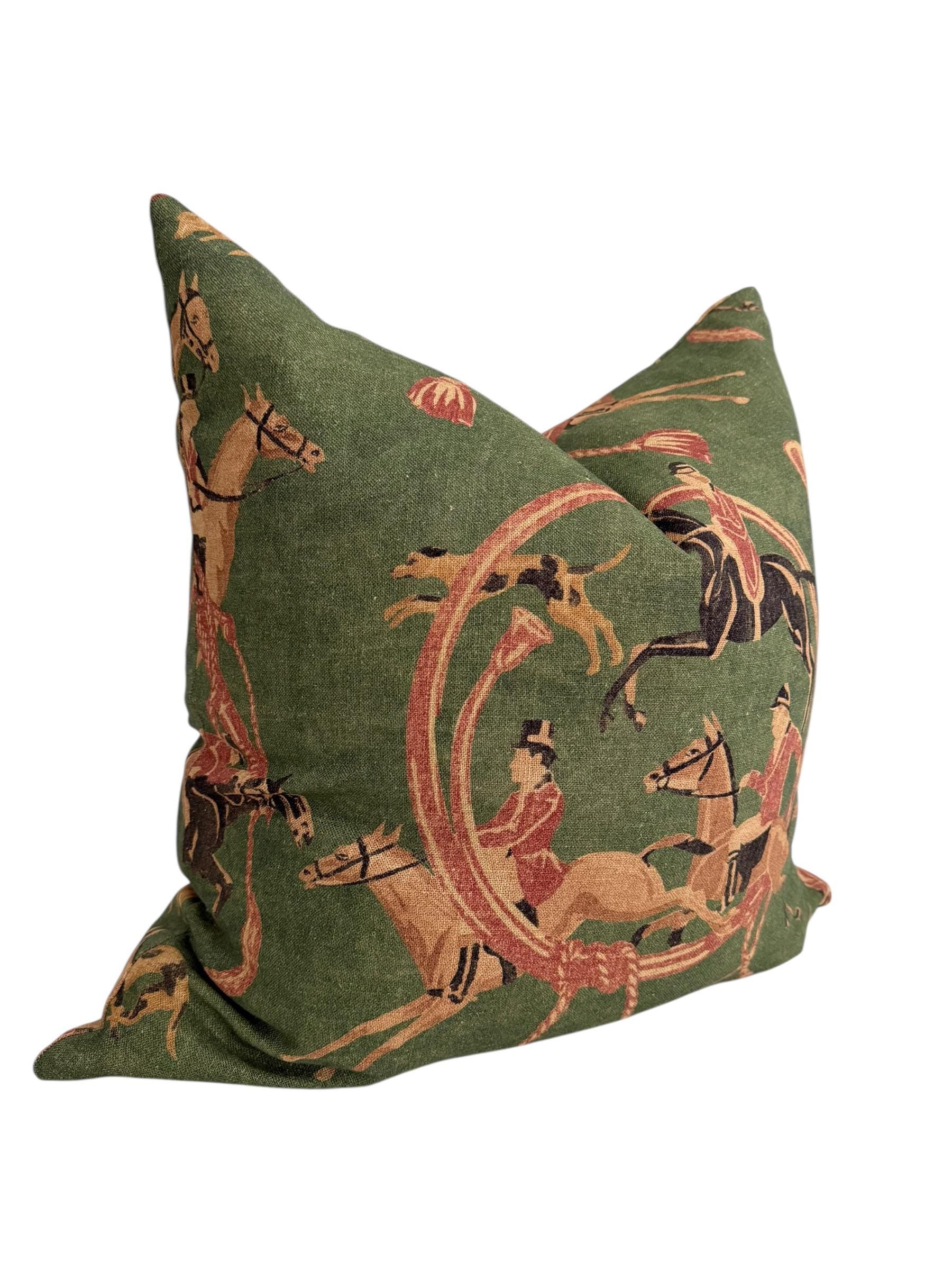 Equestrian Horse Rider Pillow Cover, Green Hunting Scene, English Country Decor
