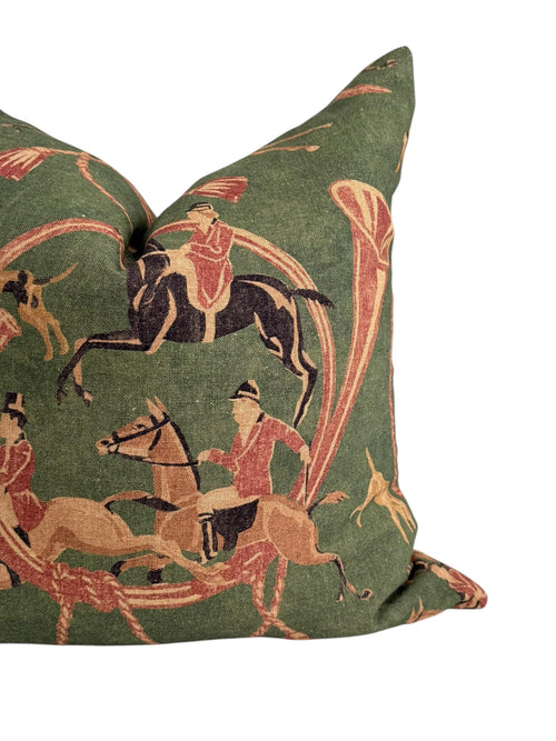 Equestrian Horse Rider Pillow Cover, Green Hunting Scene, English Country Decor