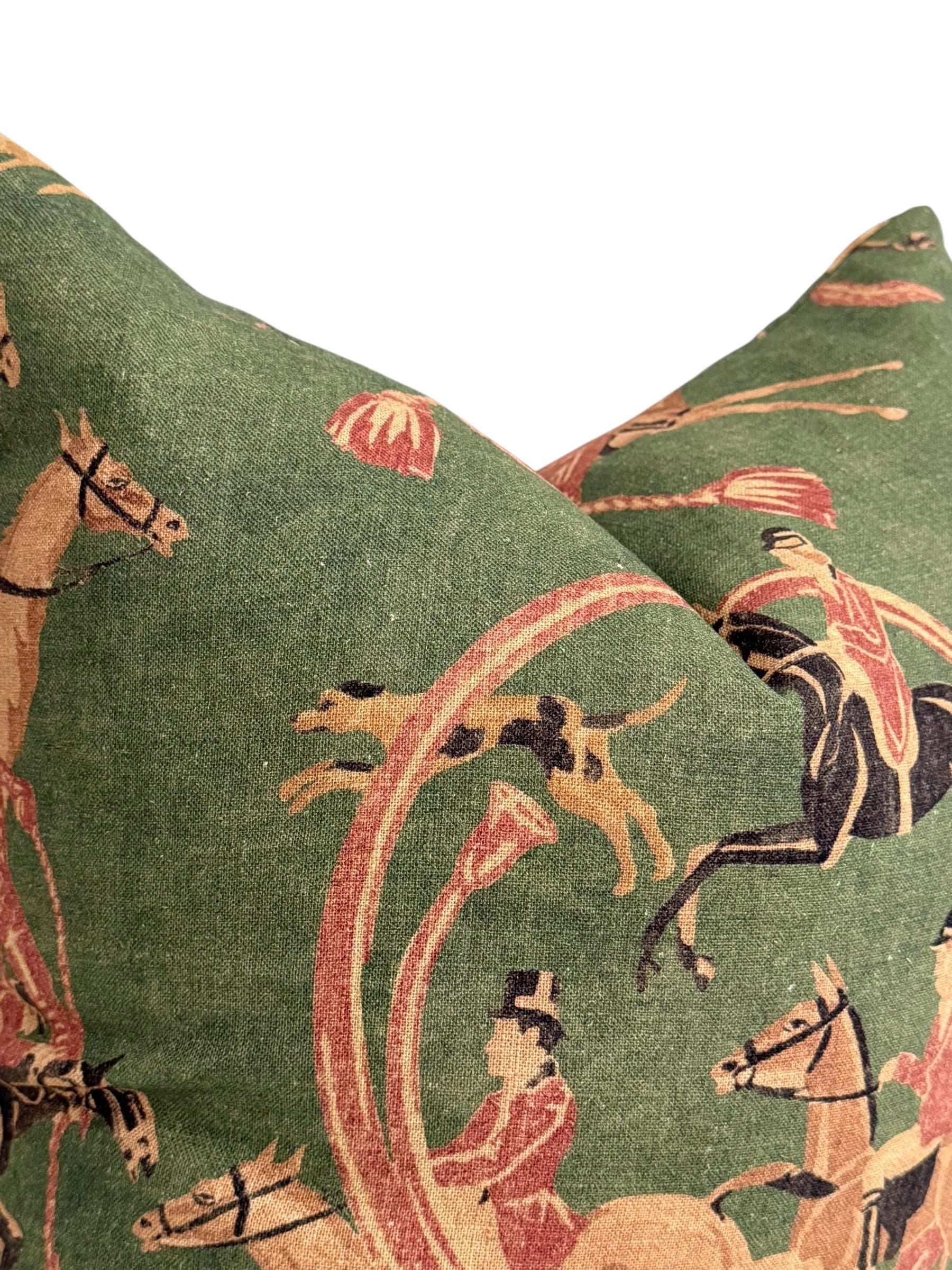 Equestrian Horse Rider Pillow Cover, Green Hunting Scene, English Country Decor