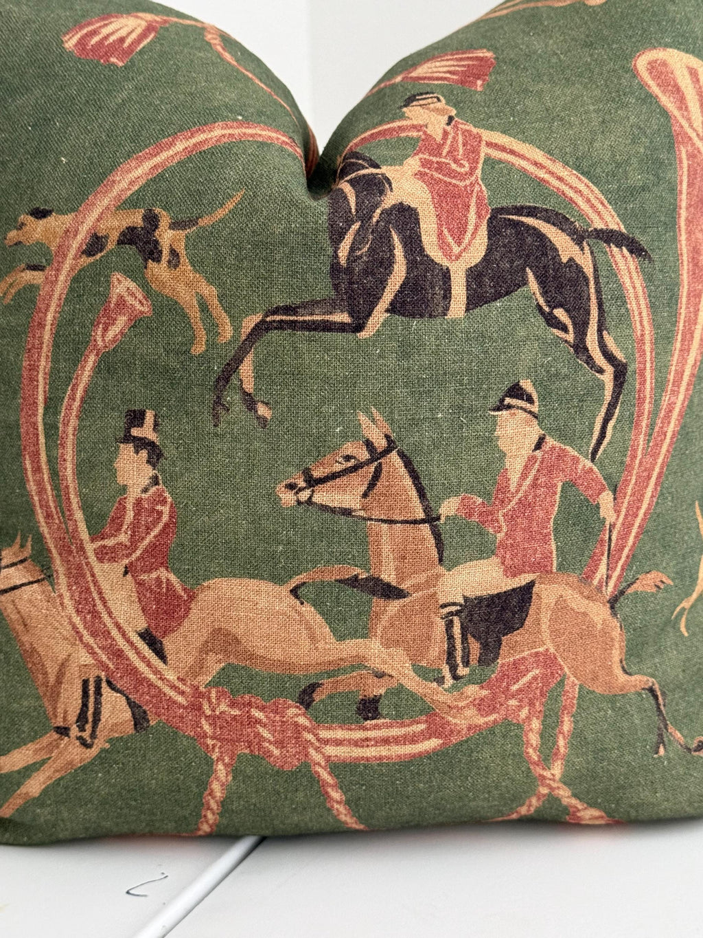 Equestrian Horse Rider Pillow Cover, Green Hunting Scene, English Country Decor