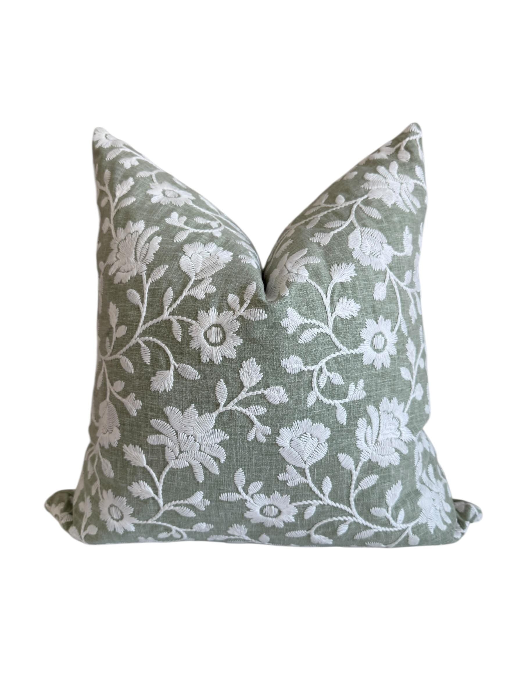 Sage Green Embroidered Floral Pillow Cover, Botanical Farmhouse Cushion