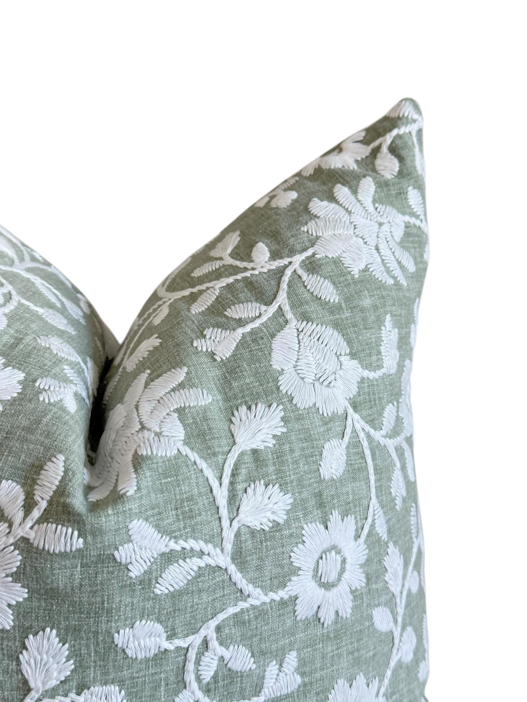 Sage Green Embroidered Floral Pillow Cover, Botanical Farmhouse Cushion