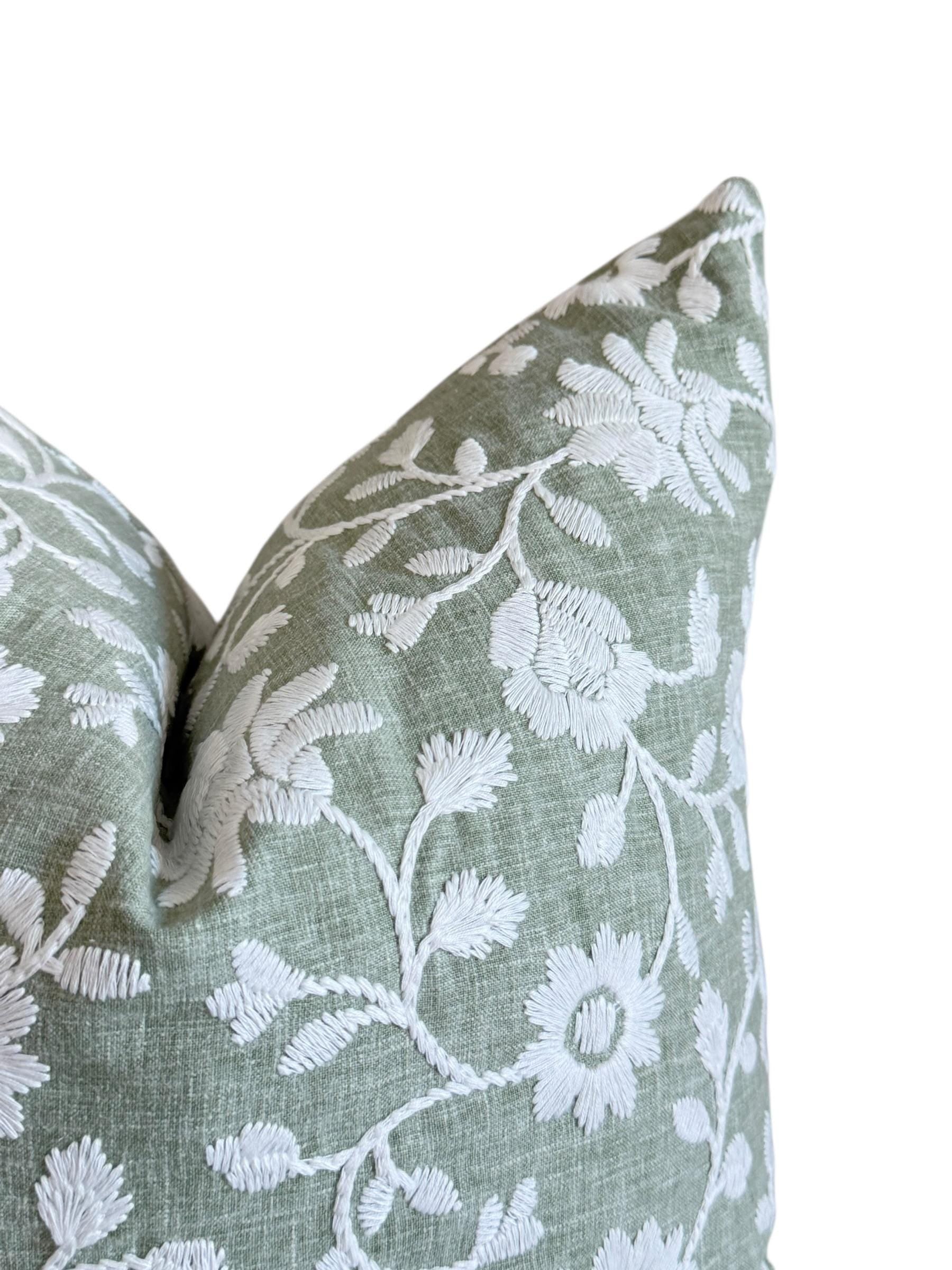 Sage Green Embroidered Floral Pillow Cover, Botanical Farmhouse Cushion
