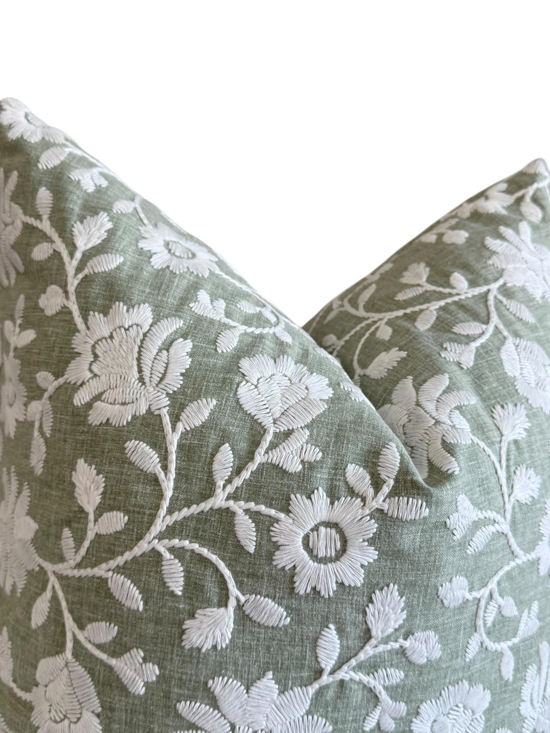 Sage Green Embroidered Floral Pillow Cover, Botanical Farmhouse Cushion