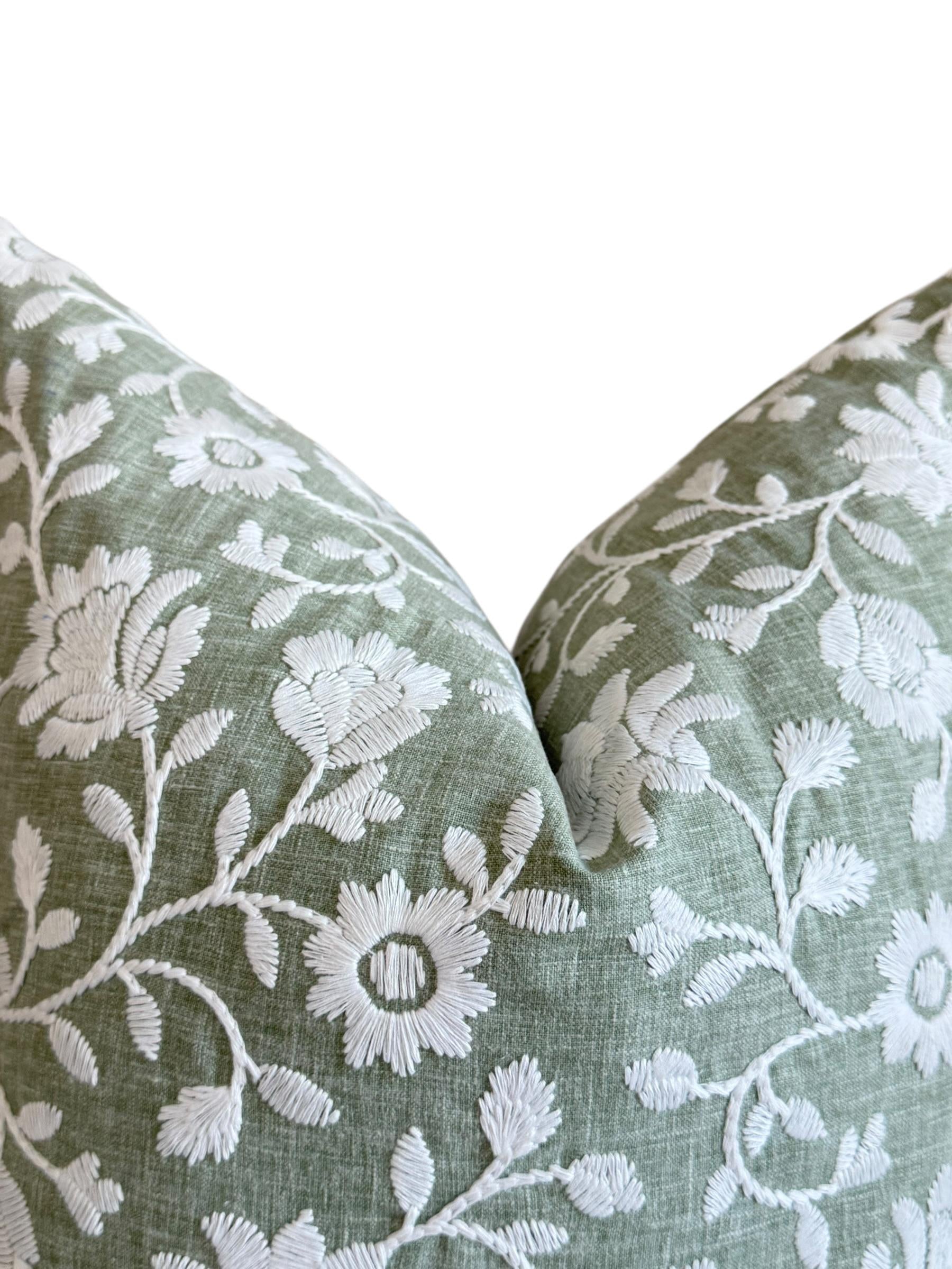 Sage Green Embroidered Floral Pillow Cover, Botanical Farmhouse Cushion