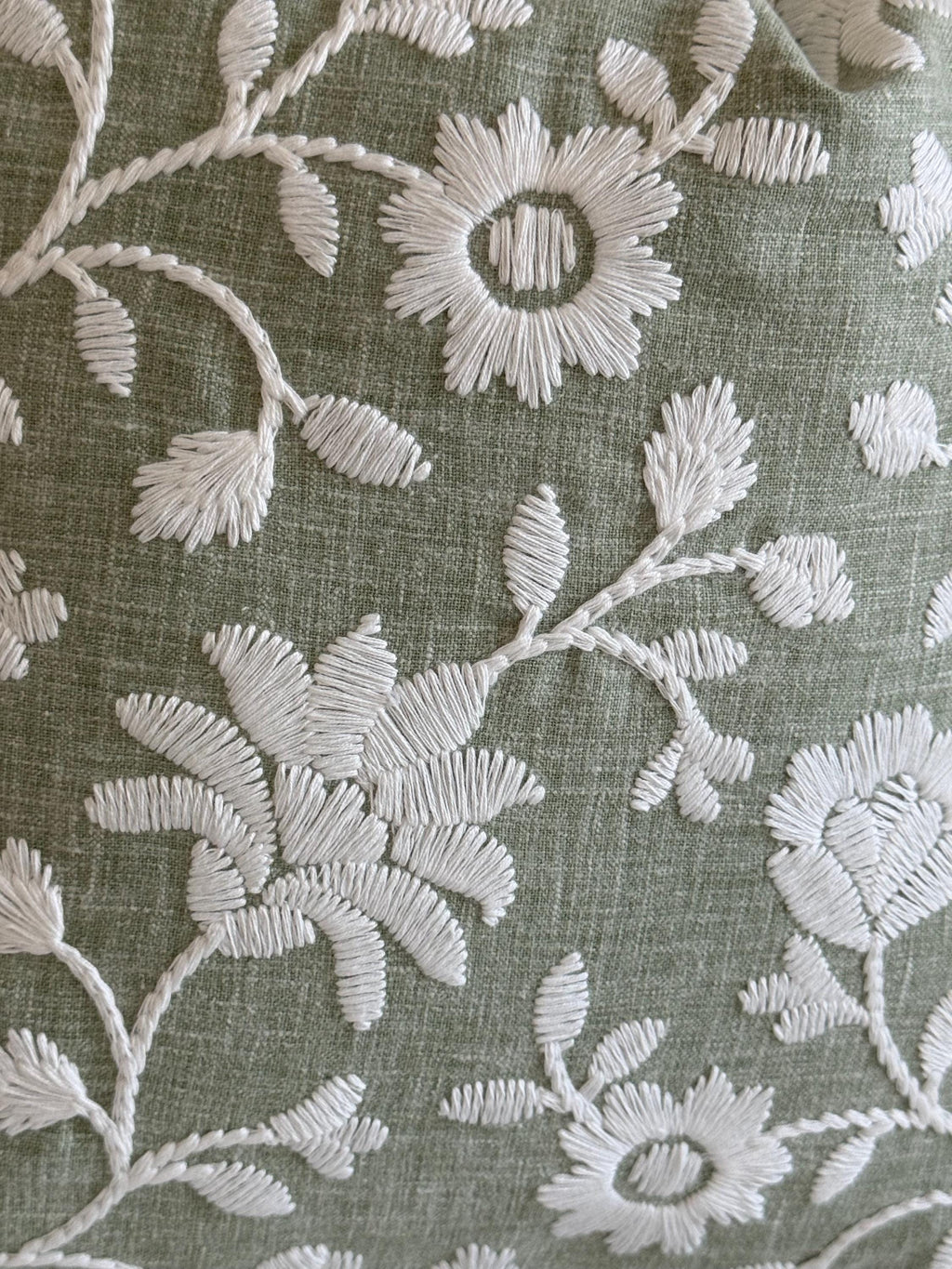 Sage Green Embroidered Floral Pillow Cover, Botanical Farmhouse Cushion