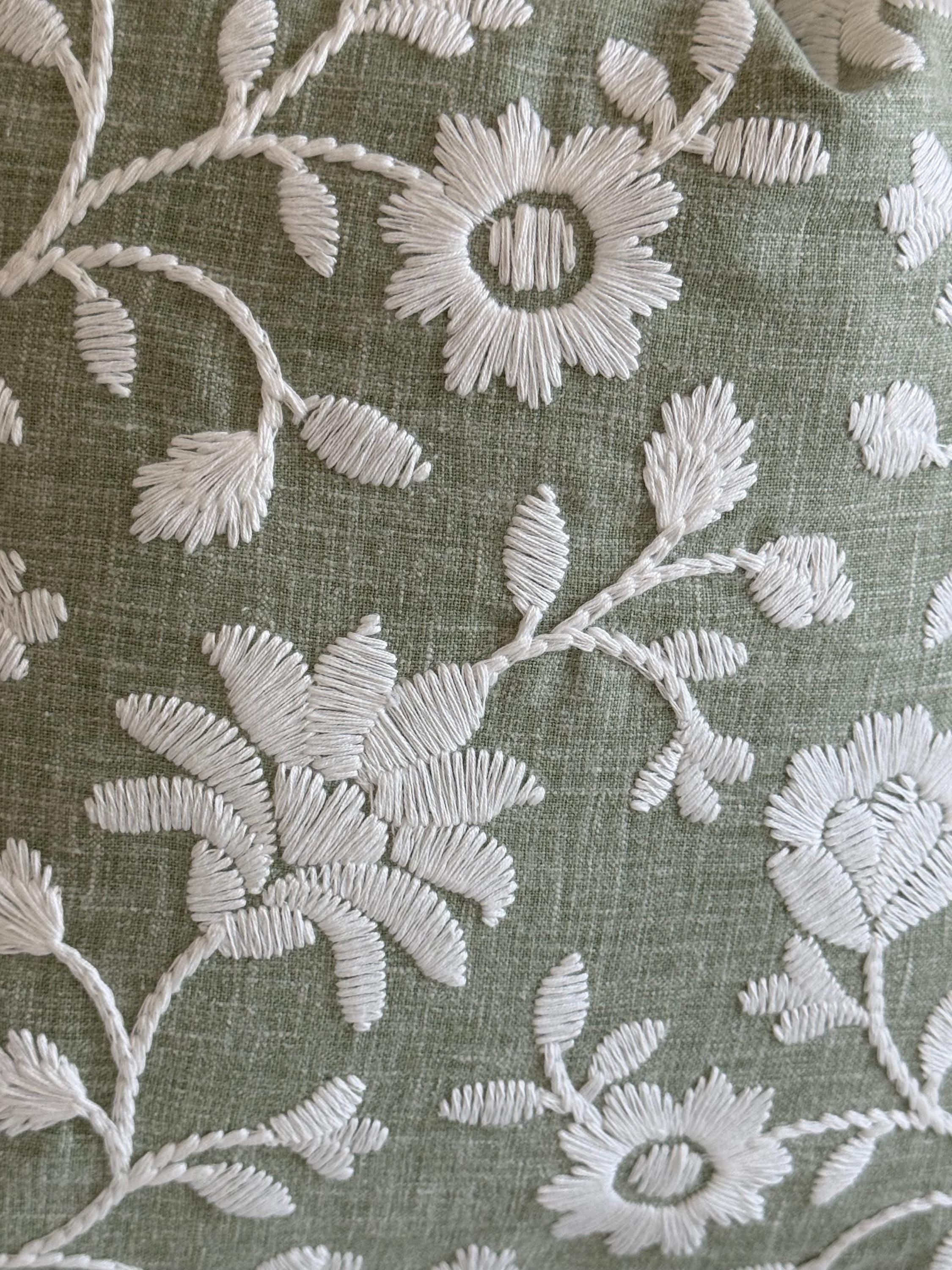 Sage Green Embroidered Floral Pillow Cover, Botanical Farmhouse Cushion