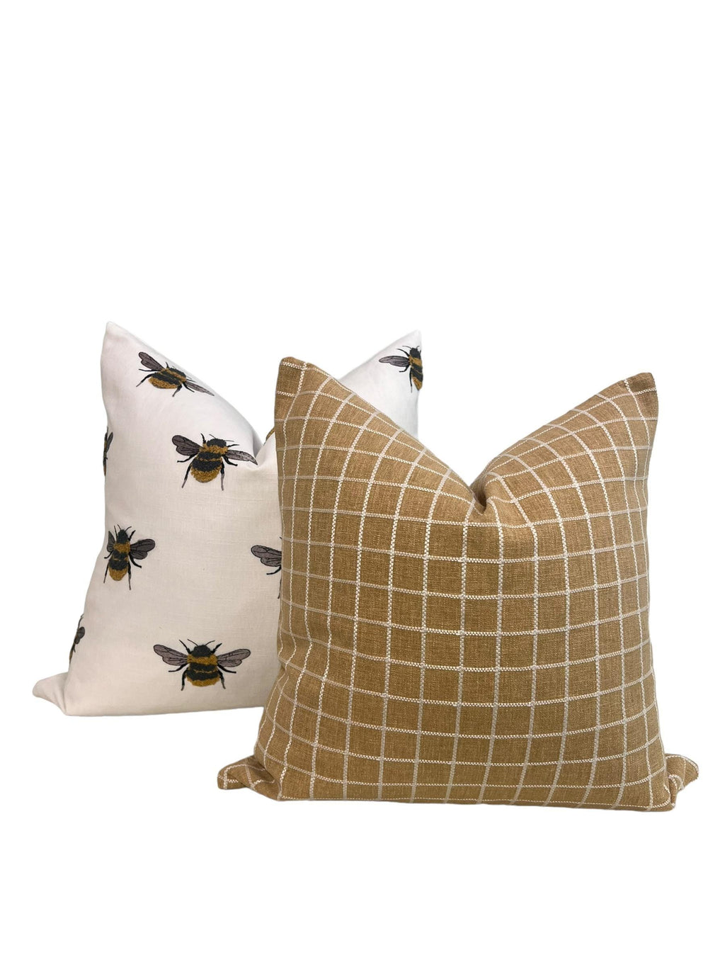 Bee Print and Mustard Plaid Pillow Set, Farmhouse Throw Pillows