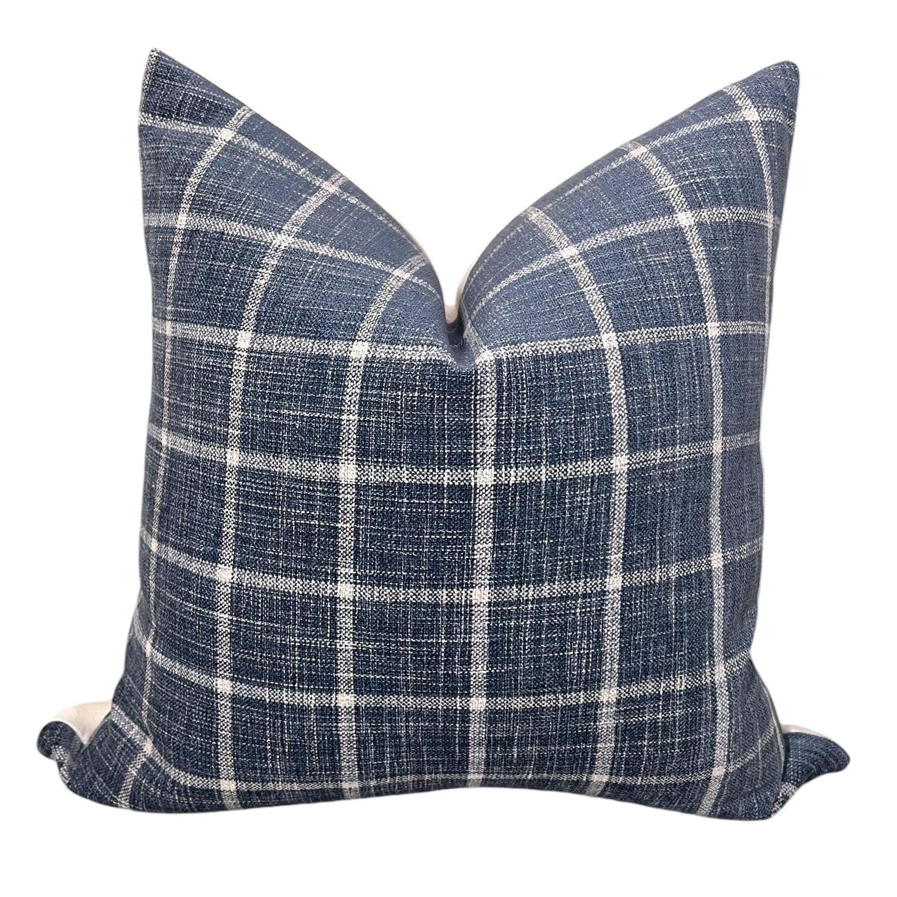 Handmade Navy Blue Plaid Pillow Cover, Farmhouse Style