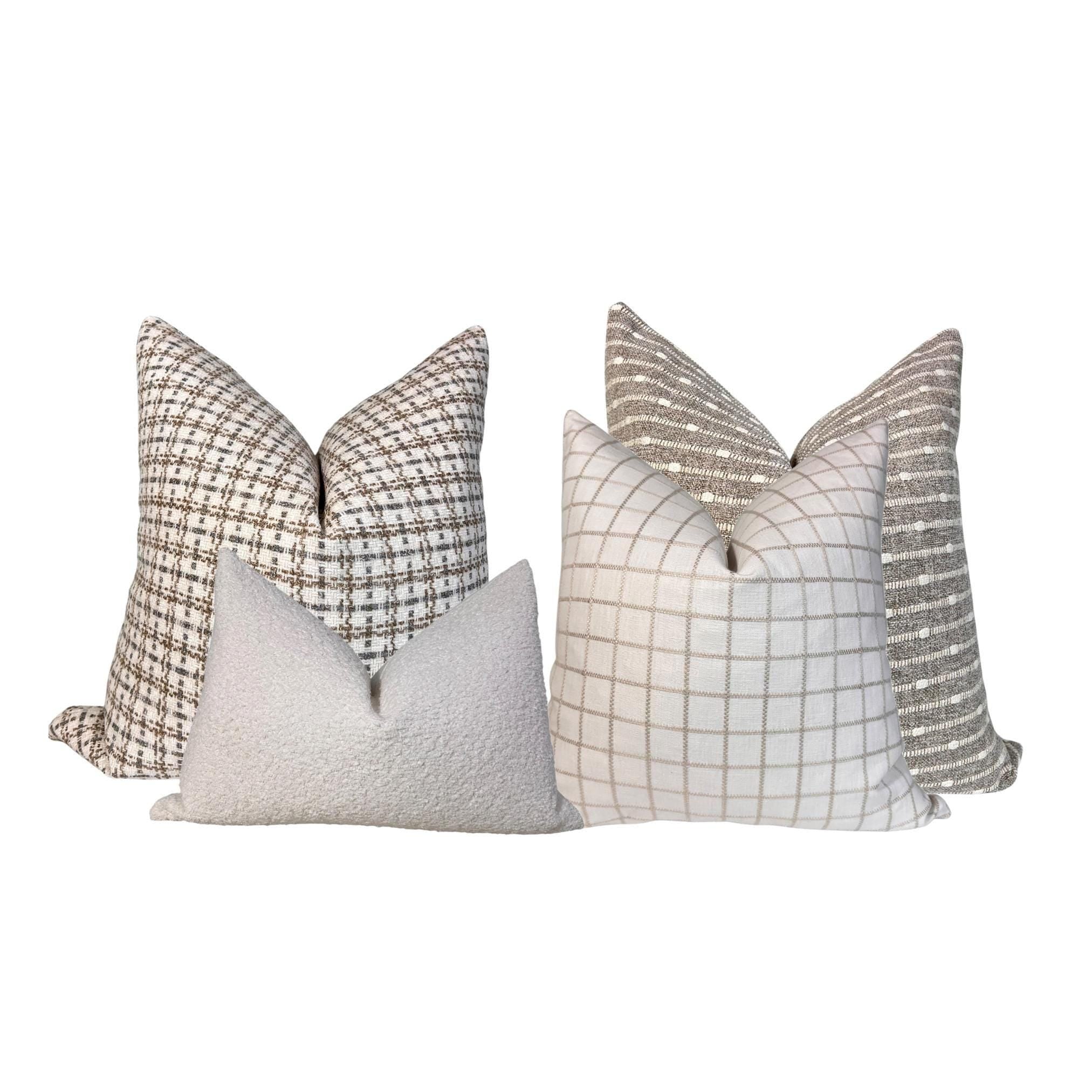 Neutral Throw Pillow Cover Set, Beige Textured Cushions, USA Handcrafted