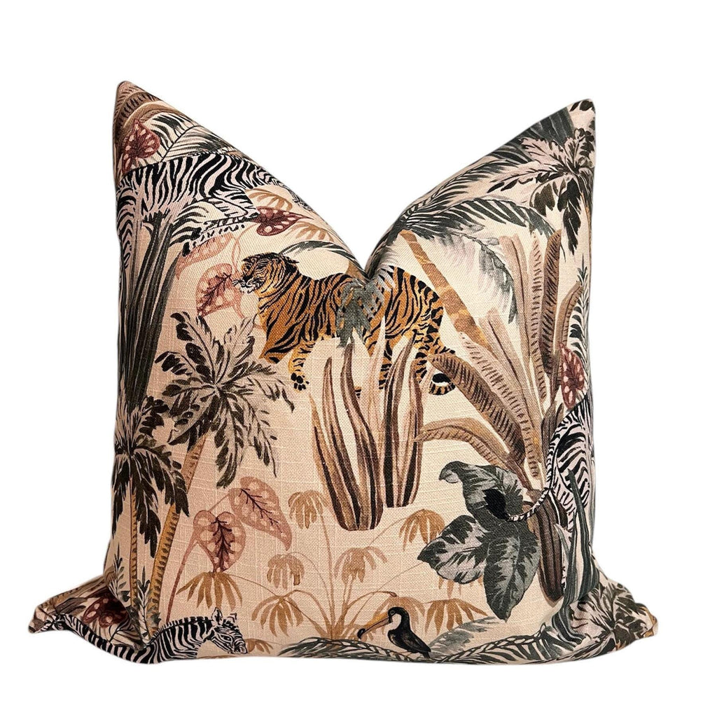 Jungle Safari Pillow Cover, Tropical Wildlife Accent Cushion, Handmade