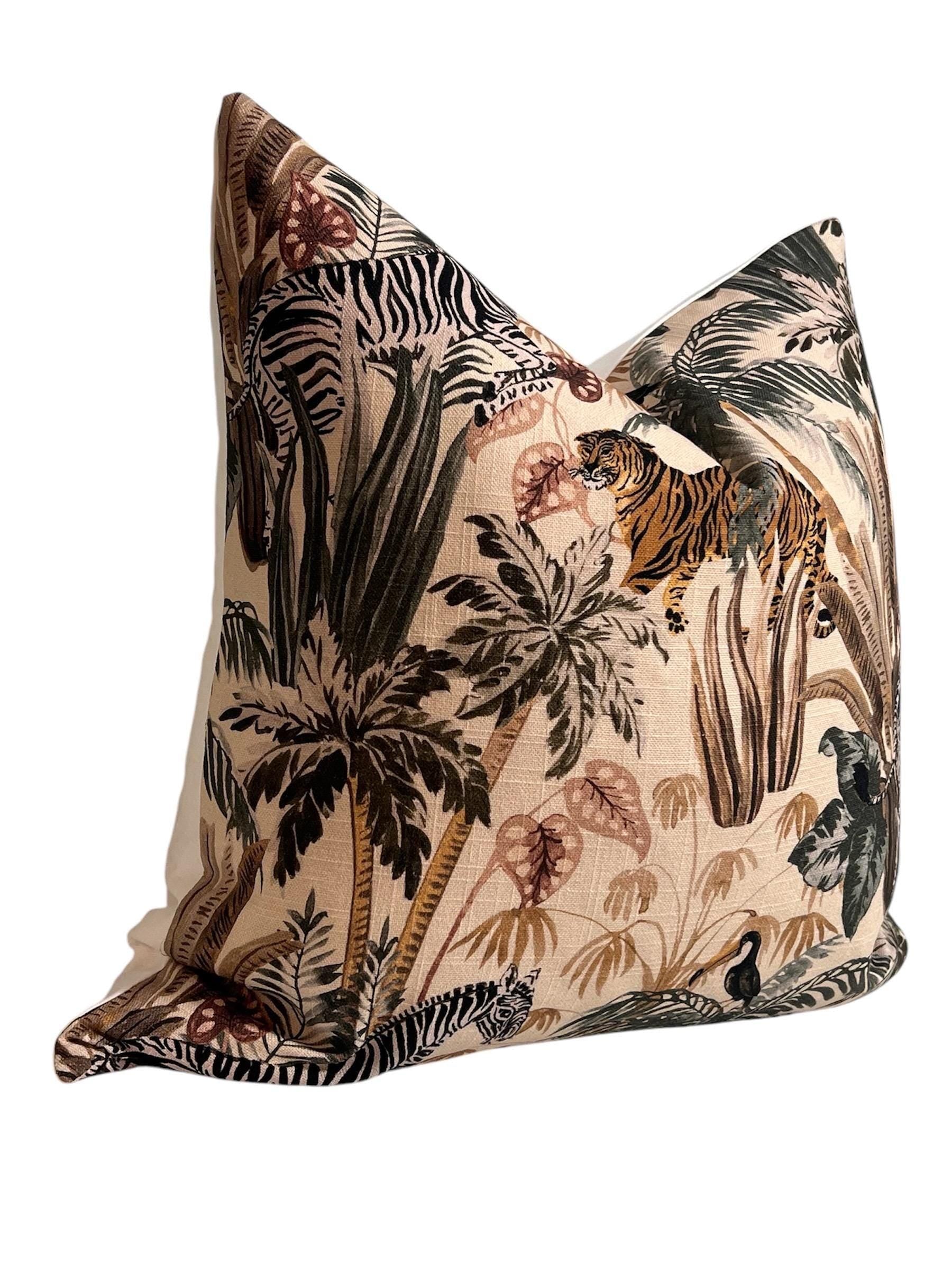 Jungle Safari Pillow Cover, Tropical Wildlife Accent Cushion, Handmade