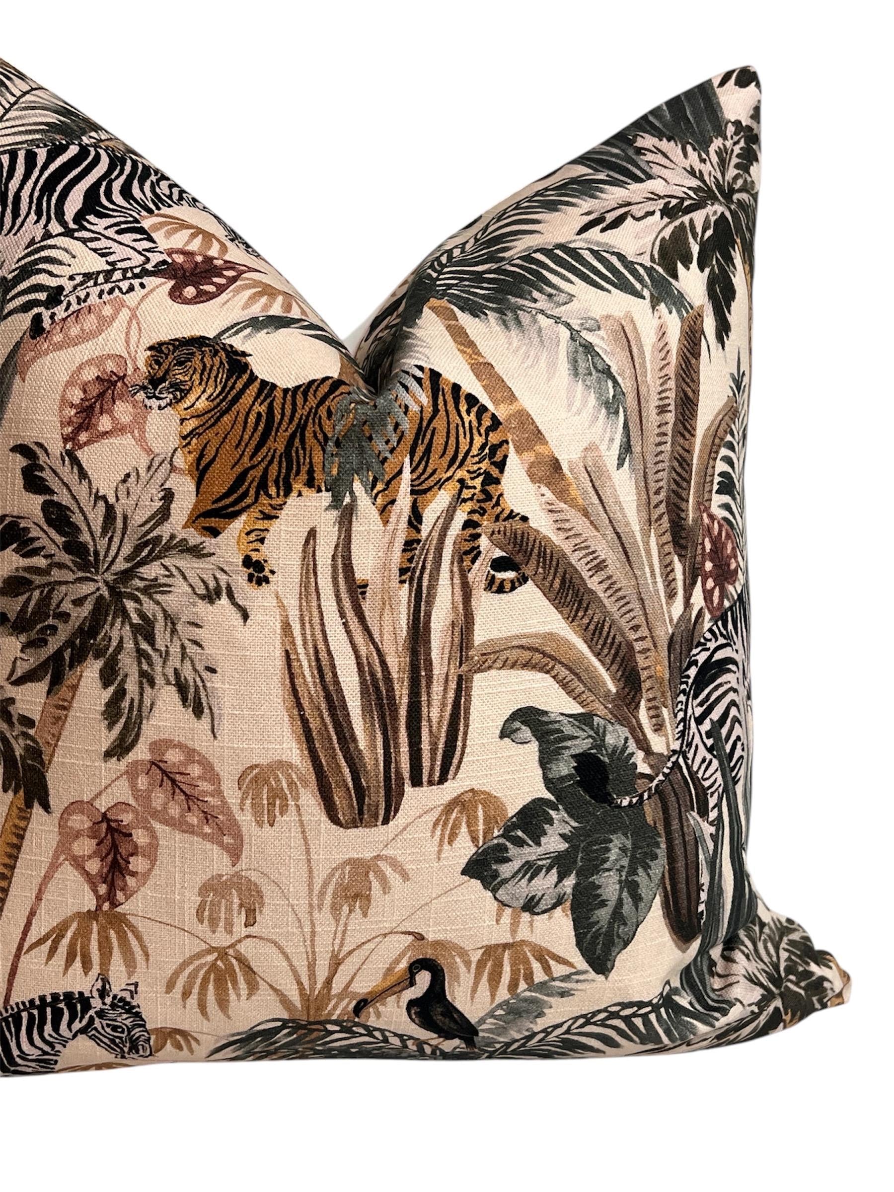 Jungle Safari Pillow Cover, Tropical Wildlife Accent Cushion, Handmade