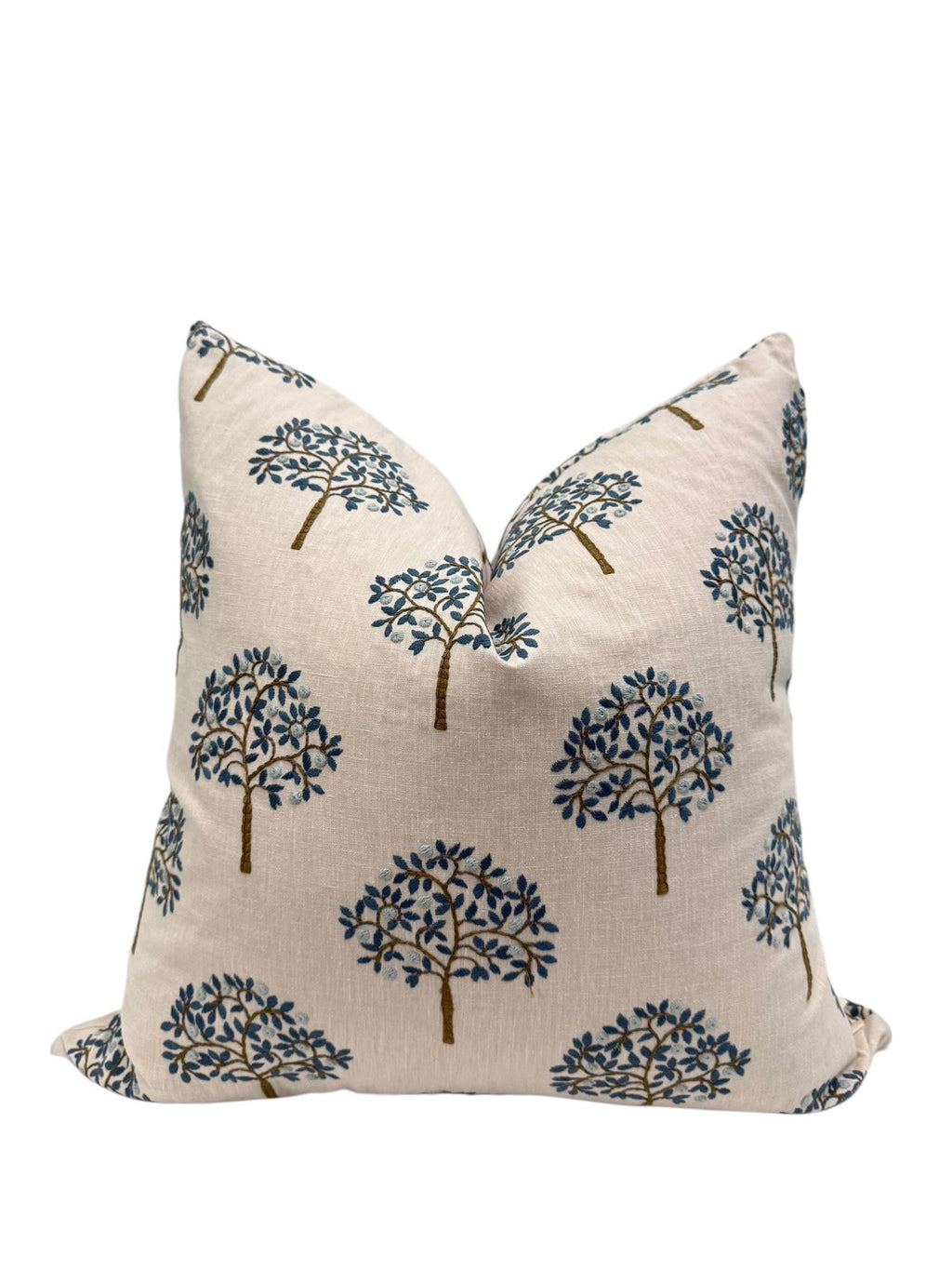 Embroidered Tree Pillow Cover, Blue and Brown Nature Cushion, Handmade USA