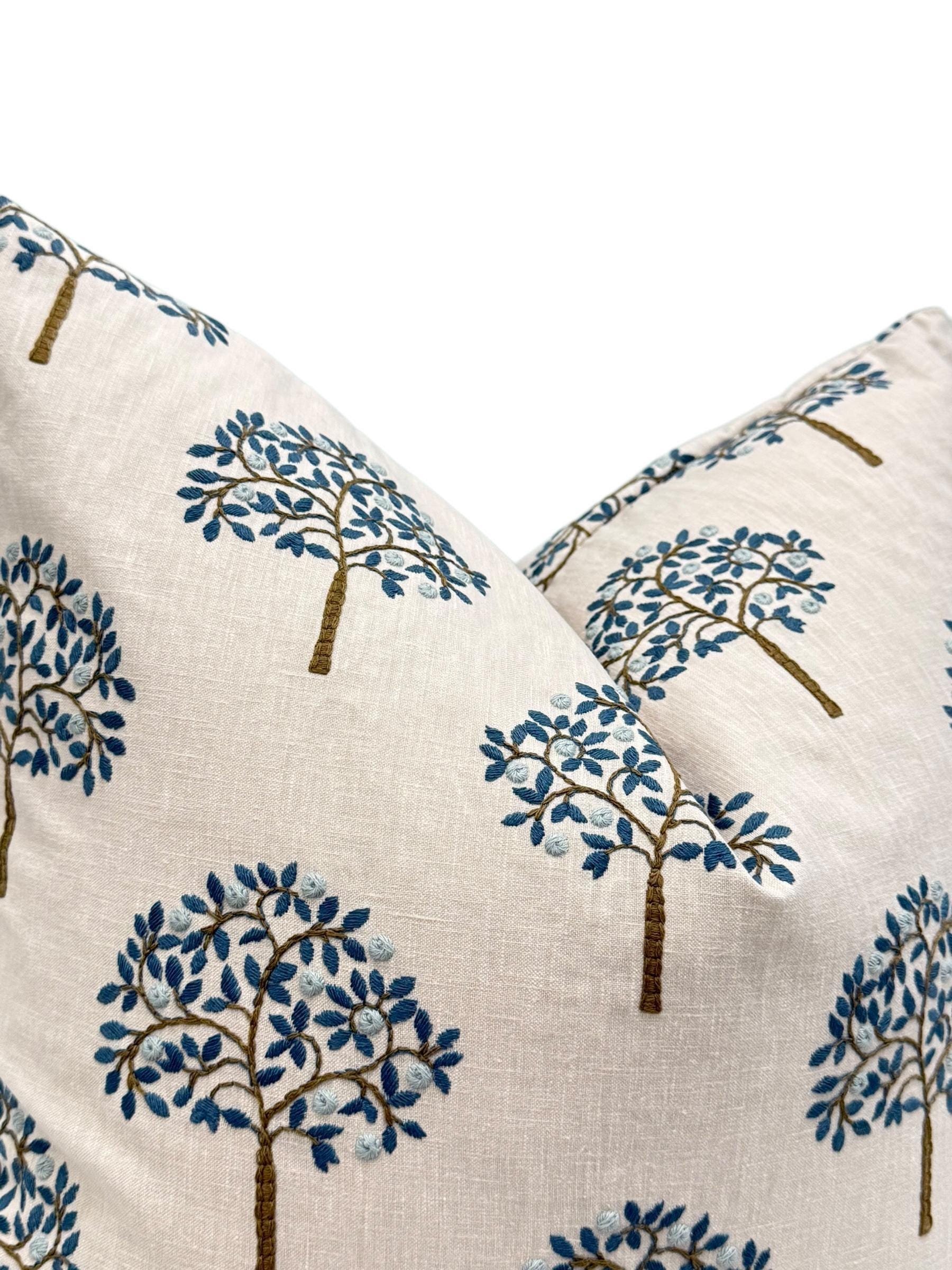 Embroidered Tree Pillow Cover, Blue and Brown Nature Cushion, Handmade USA