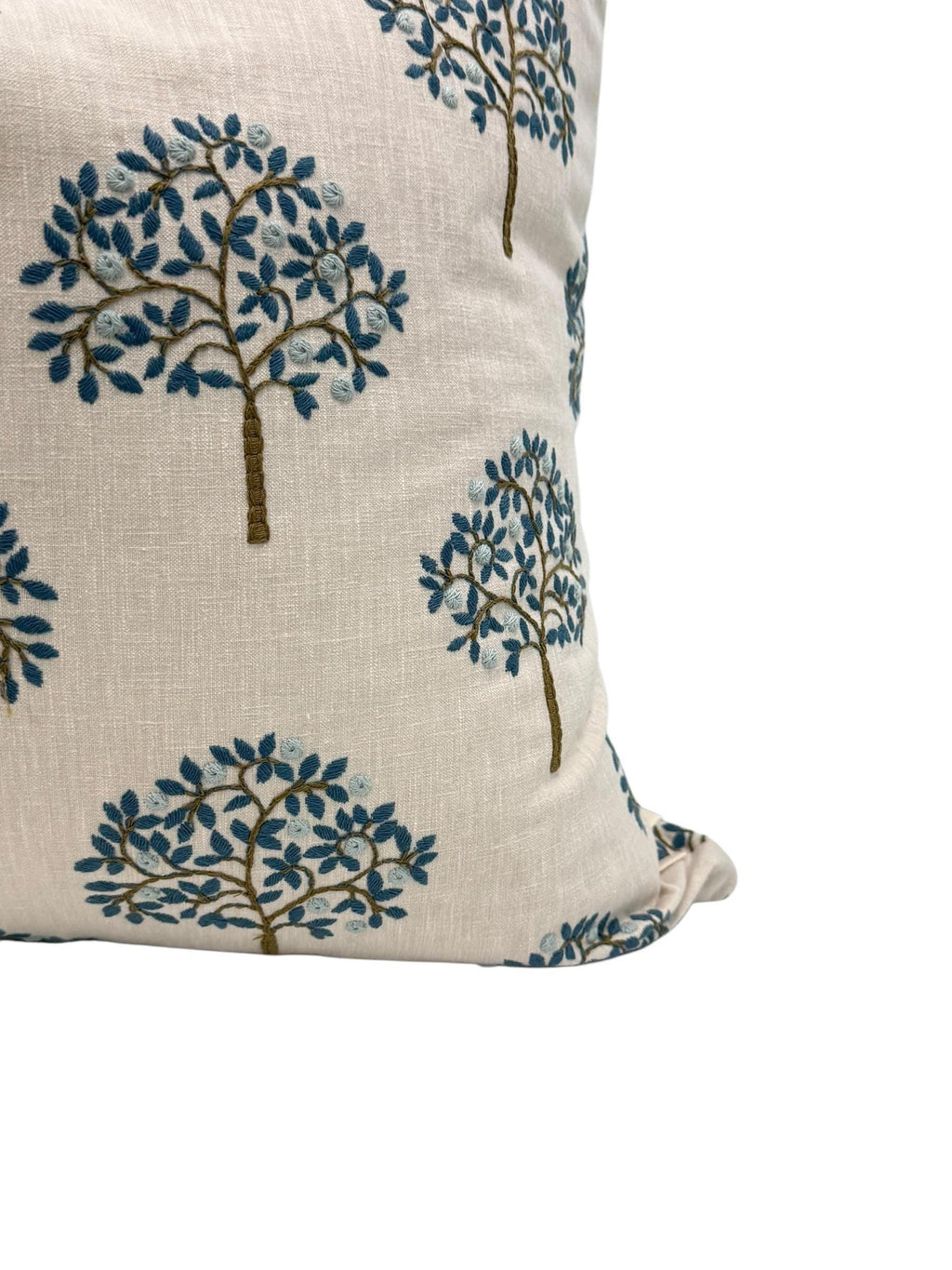 Embroidered Tree Pillow Cover, Blue and Brown Nature Cushion, Handmade USA