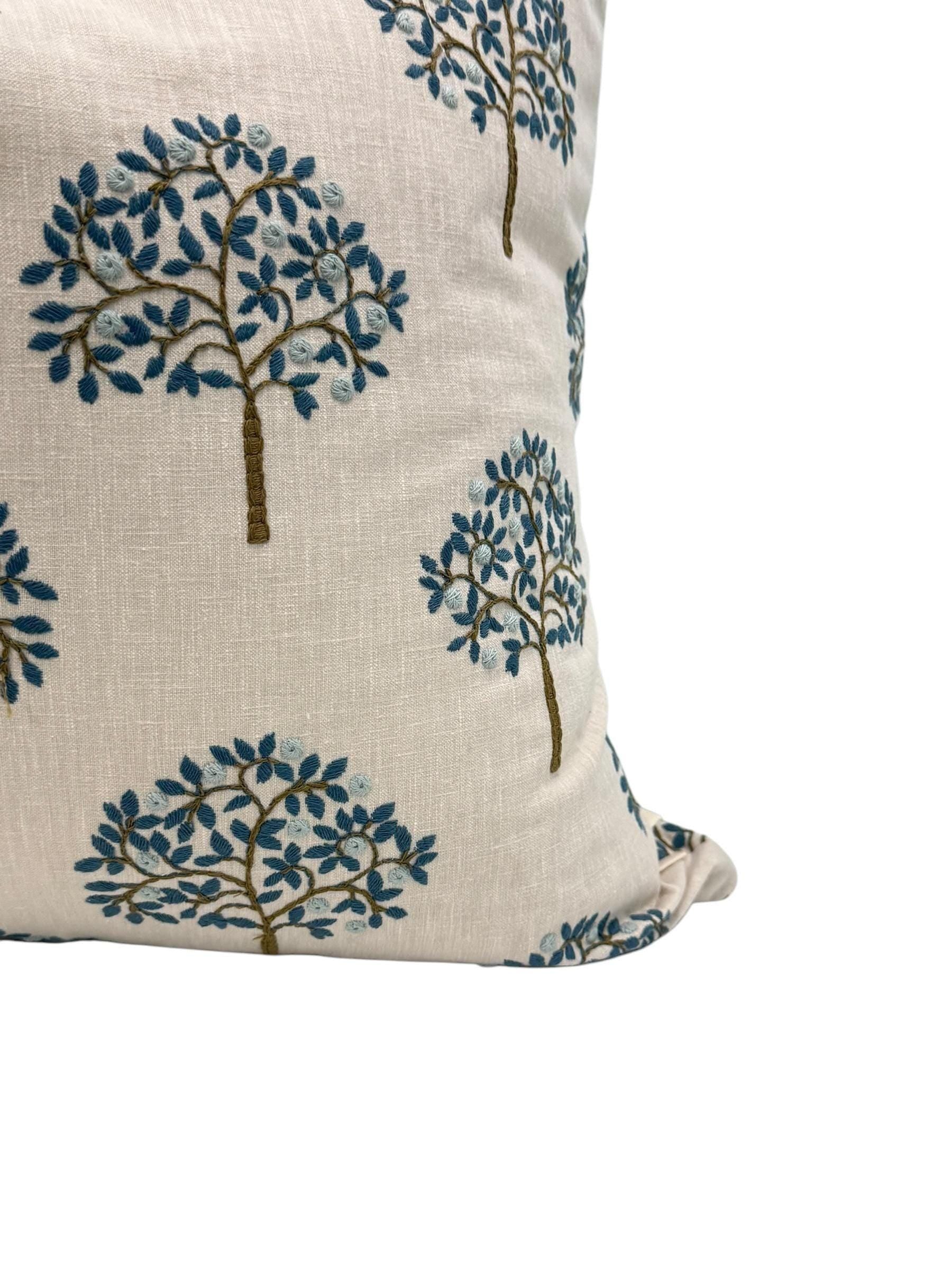 Embroidered Tree Pillow Cover, Blue and Brown Nature Cushion, Handmade USA