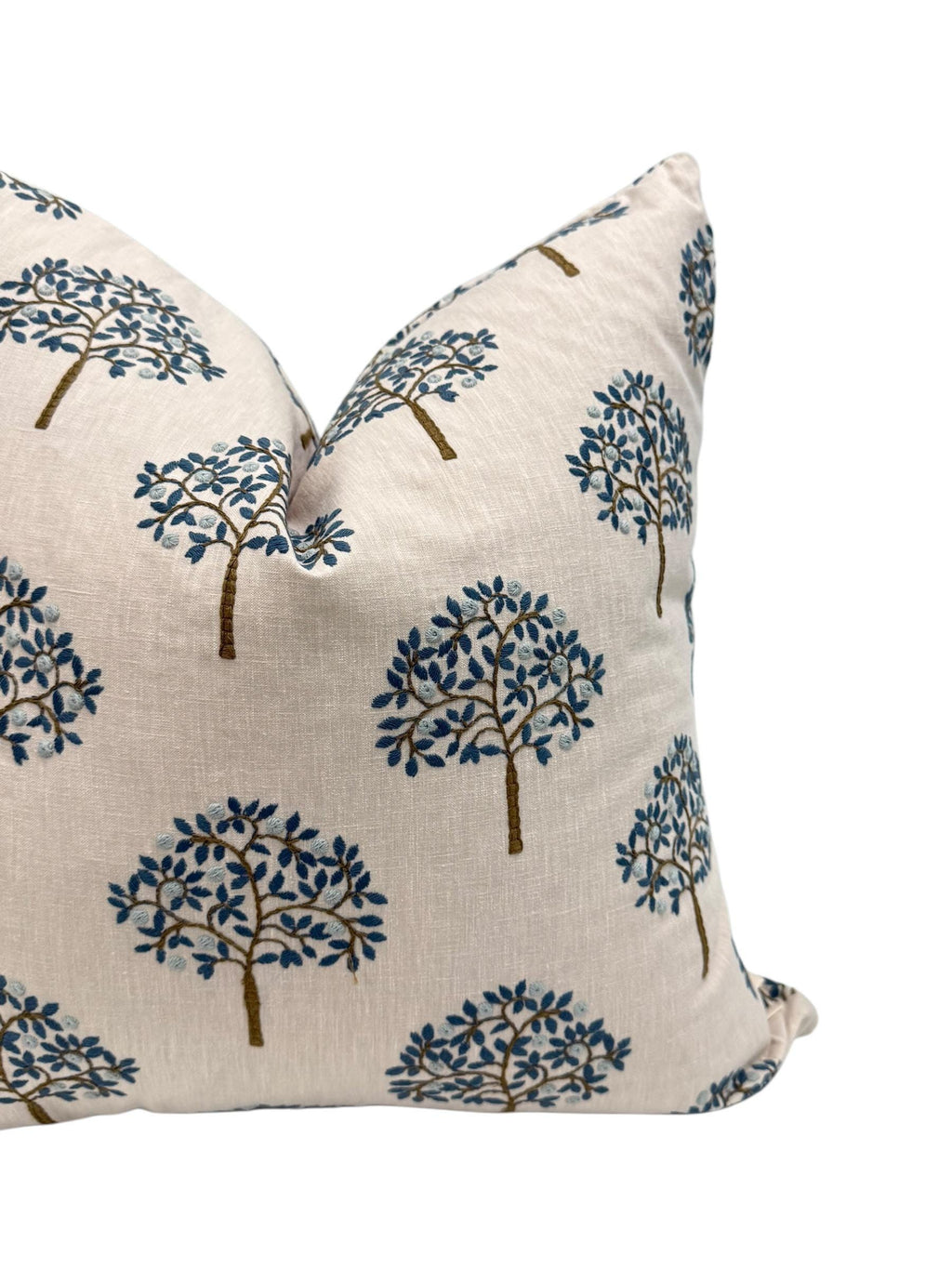 Embroidered Tree Pillow Cover, Blue and Brown Nature Cushion, Handmade USA