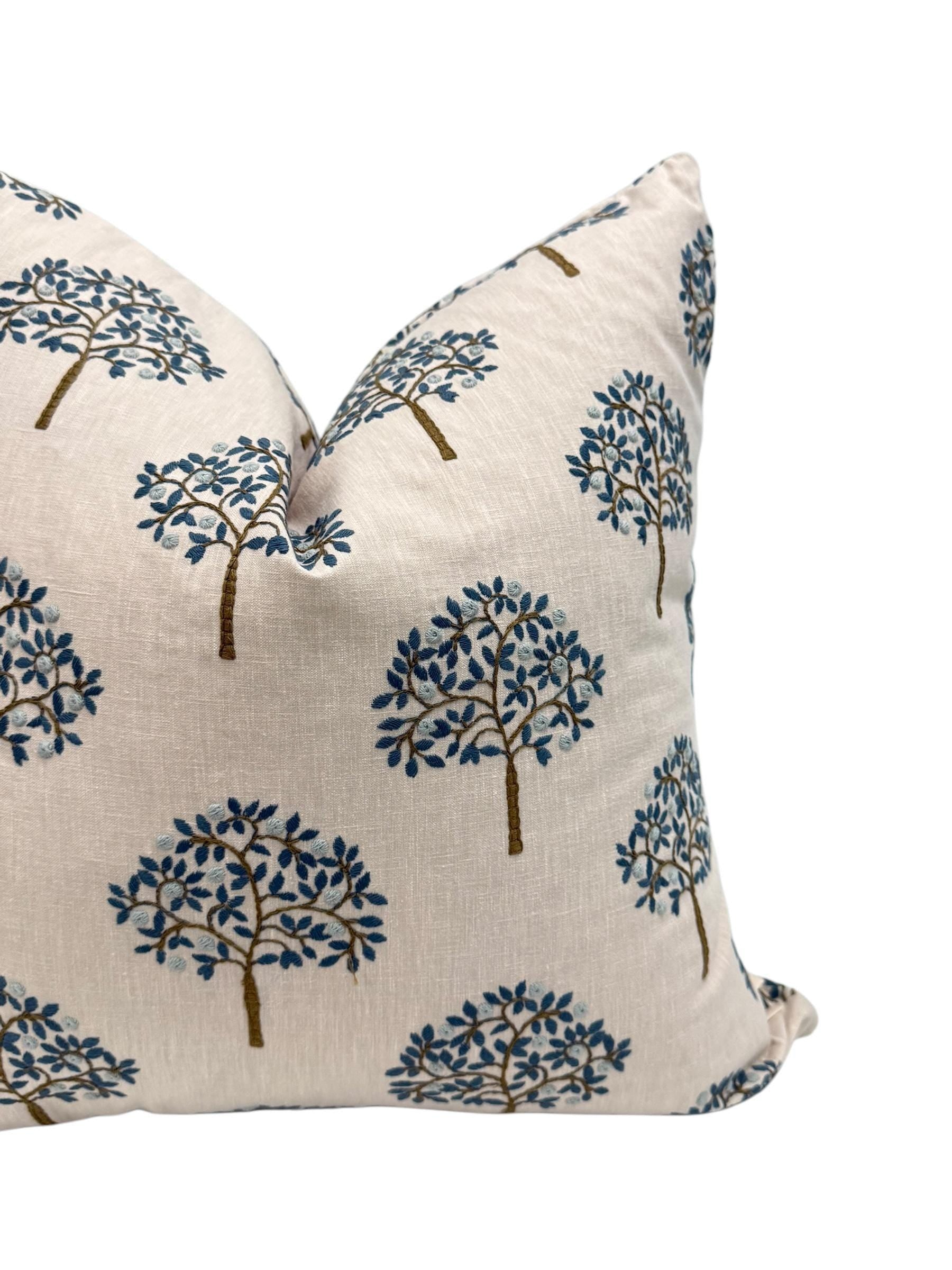 Embroidered Tree Pillow Cover, Blue and Brown Nature Cushion, Handmade USA